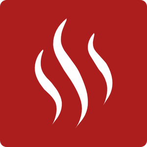Red background with white steam-like lines in the center.