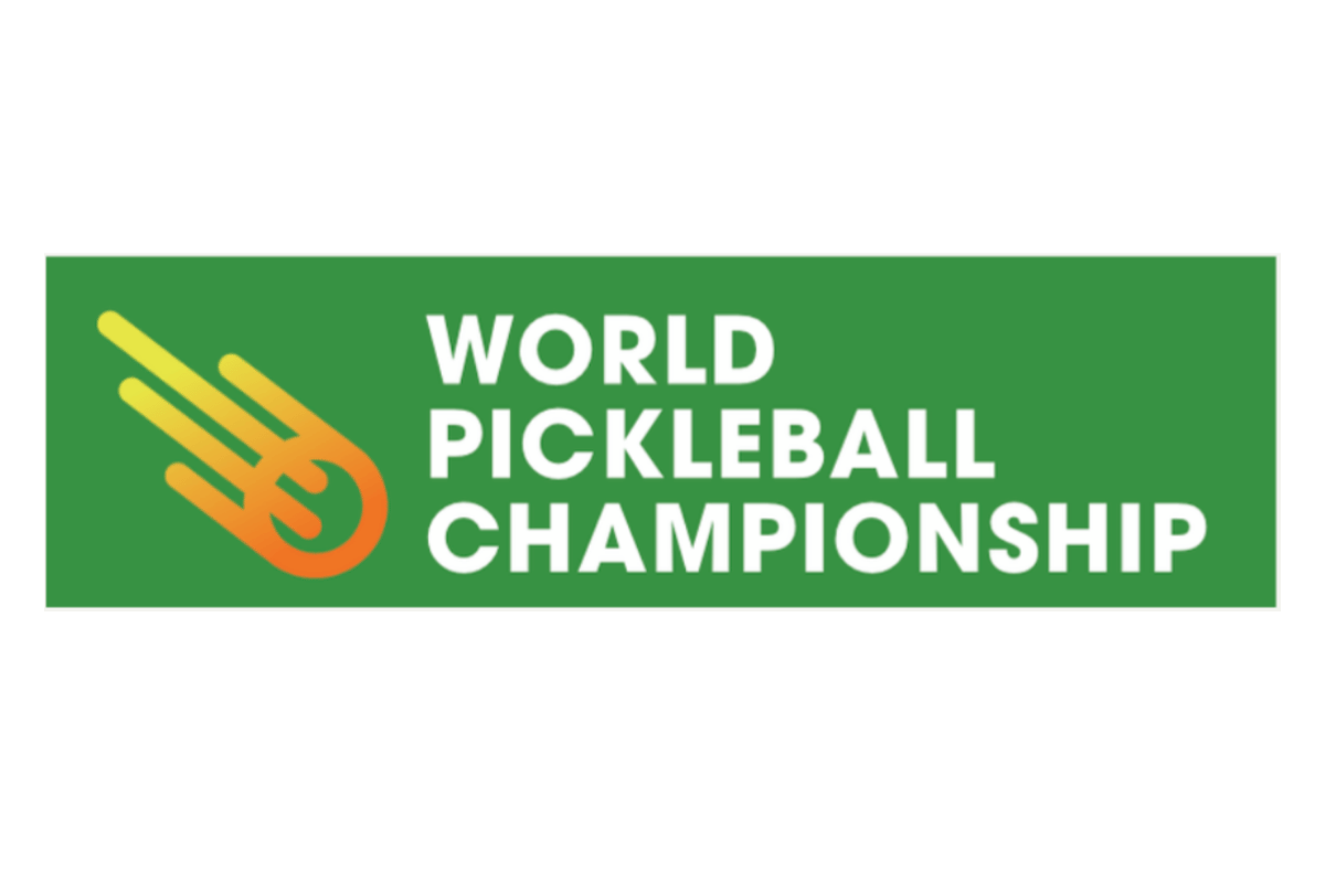 Logo for the World Pickleball Championship with a stylized pickleball paddle and ball in yellow and orange on a green background.