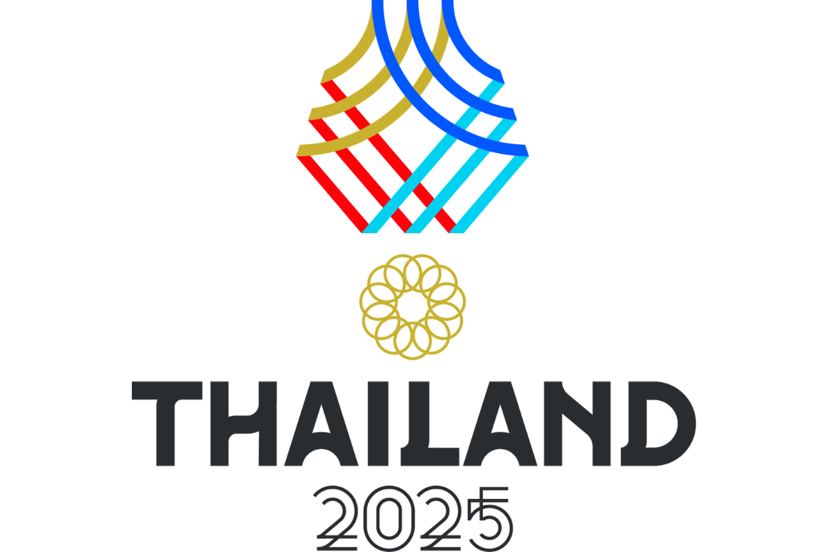 Logo for South East Asian Games (SEAGAMES)  Thailand 2025 featuring colorful intertwined lines, a gold decorative element, and the text "Thailand 2025".