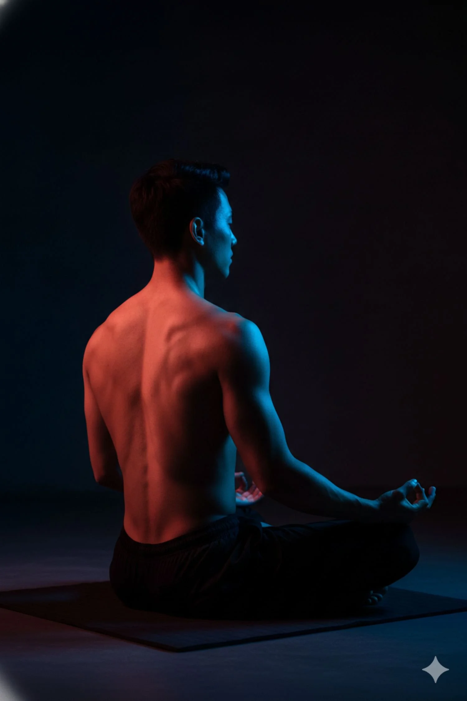 Bodytune physio stock photo. An athletic male with short dark hair practicing yoga in a dark room, sitting cross-legged and meditating with a serene expression, illuminated by soft blue and red lighting.