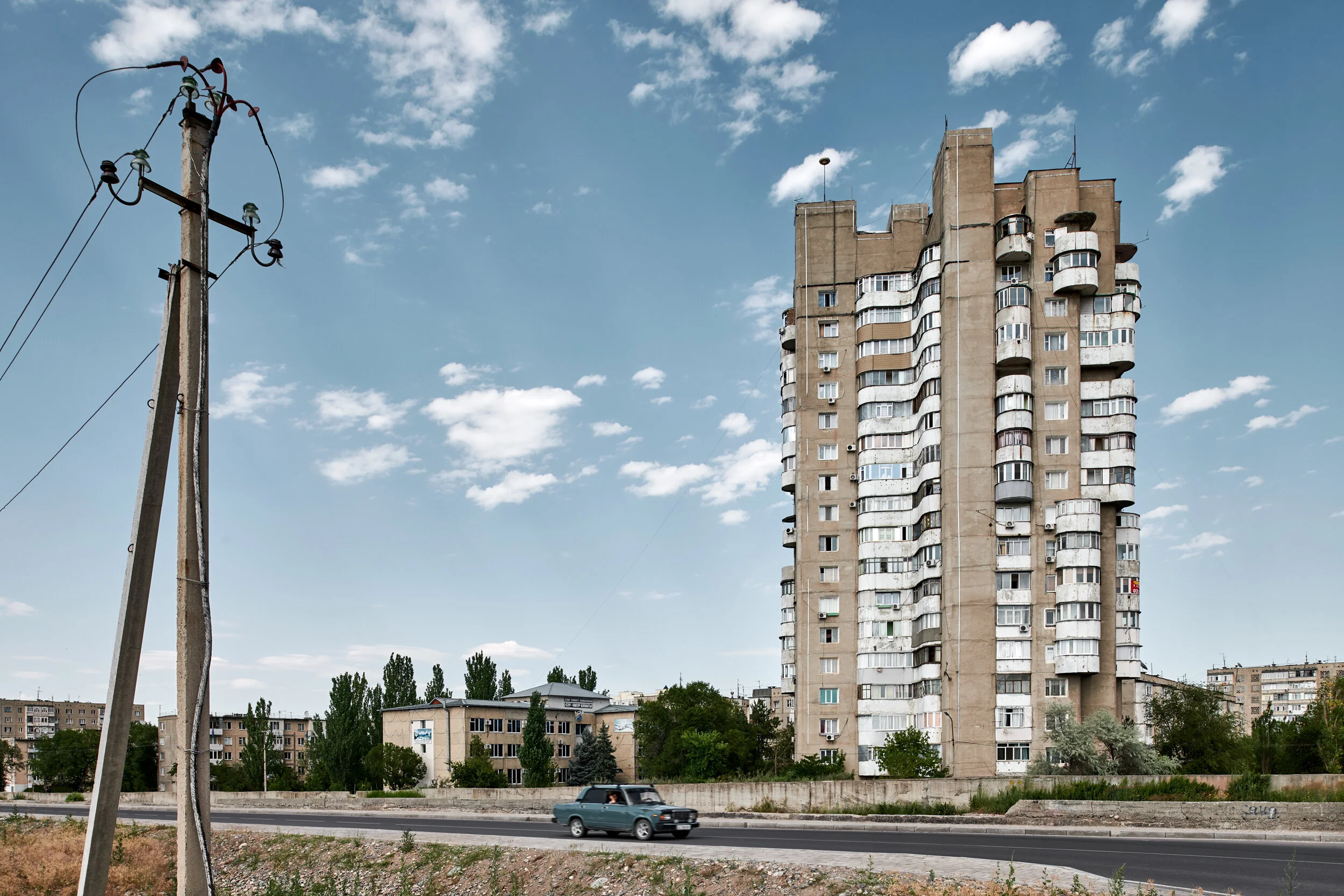  The Mikrorayon 10 apartment complex located in the Asanbay district of Bishkek, Kyrgyzstan. Built in 1985 by architects B. Lebedev, I. Kombarbayev, A. Nezhurin, M. Baybekov, and Y. Grinshtein. 