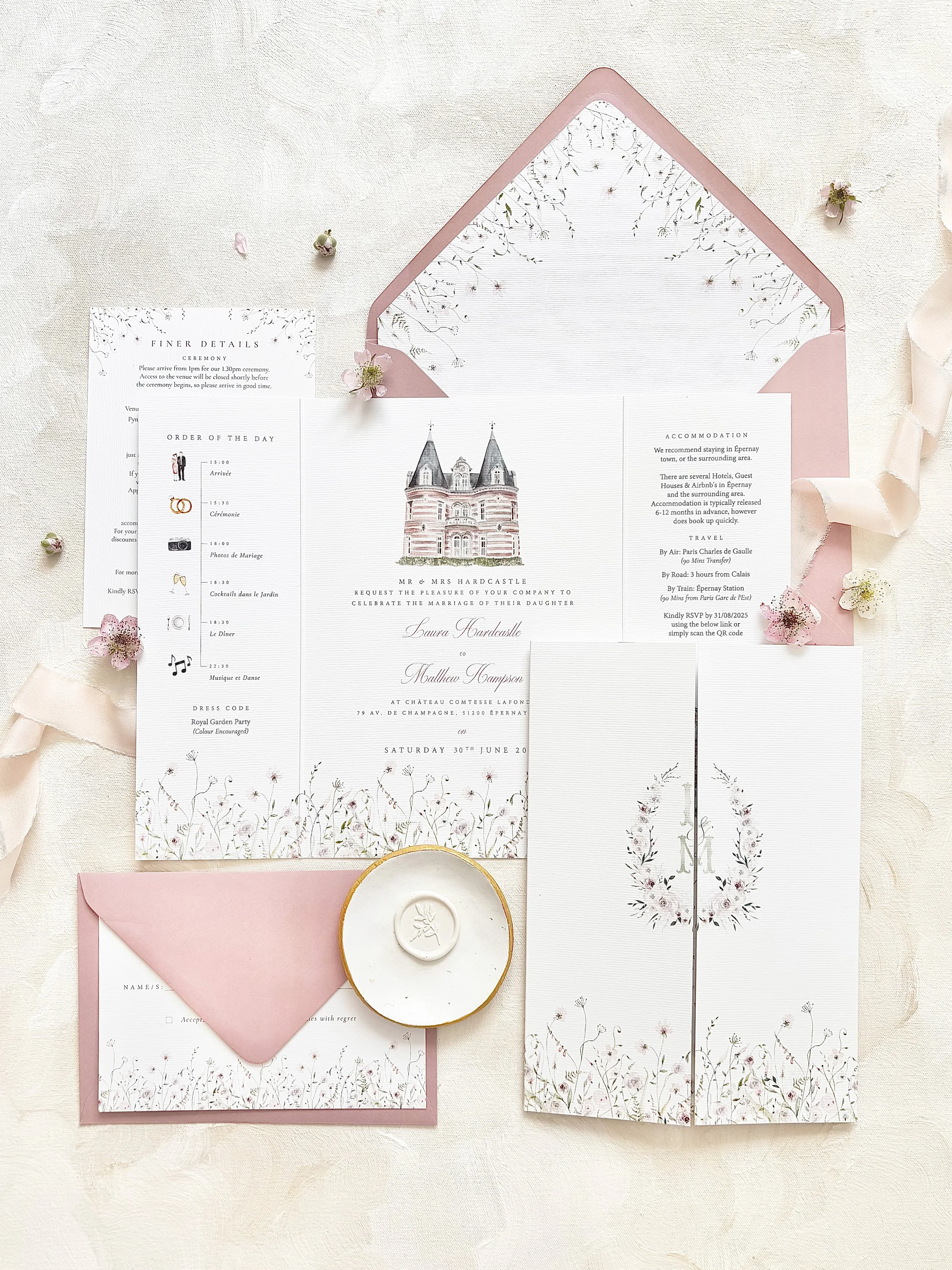 gatefold wedding invitation. watercolour wedding venue illustration. Pink. Wildflowers
