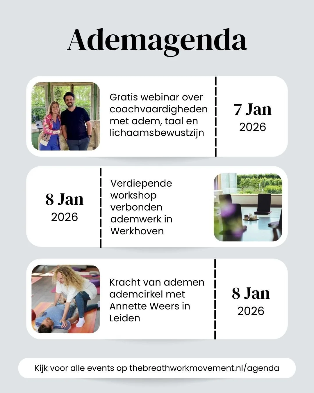 Ook in 2026 houd ik binnen The Breathwork Movement een uitgebreide ademagenda bij. Een plek waar je kunt zien wat er allemaal gebeurt in het ademveld in Nederland en Belgi&euml;.⁠
⁠
En dat is veel :)⁠
⁠
Ademcirkels, workshops, trainingen, opleidingen