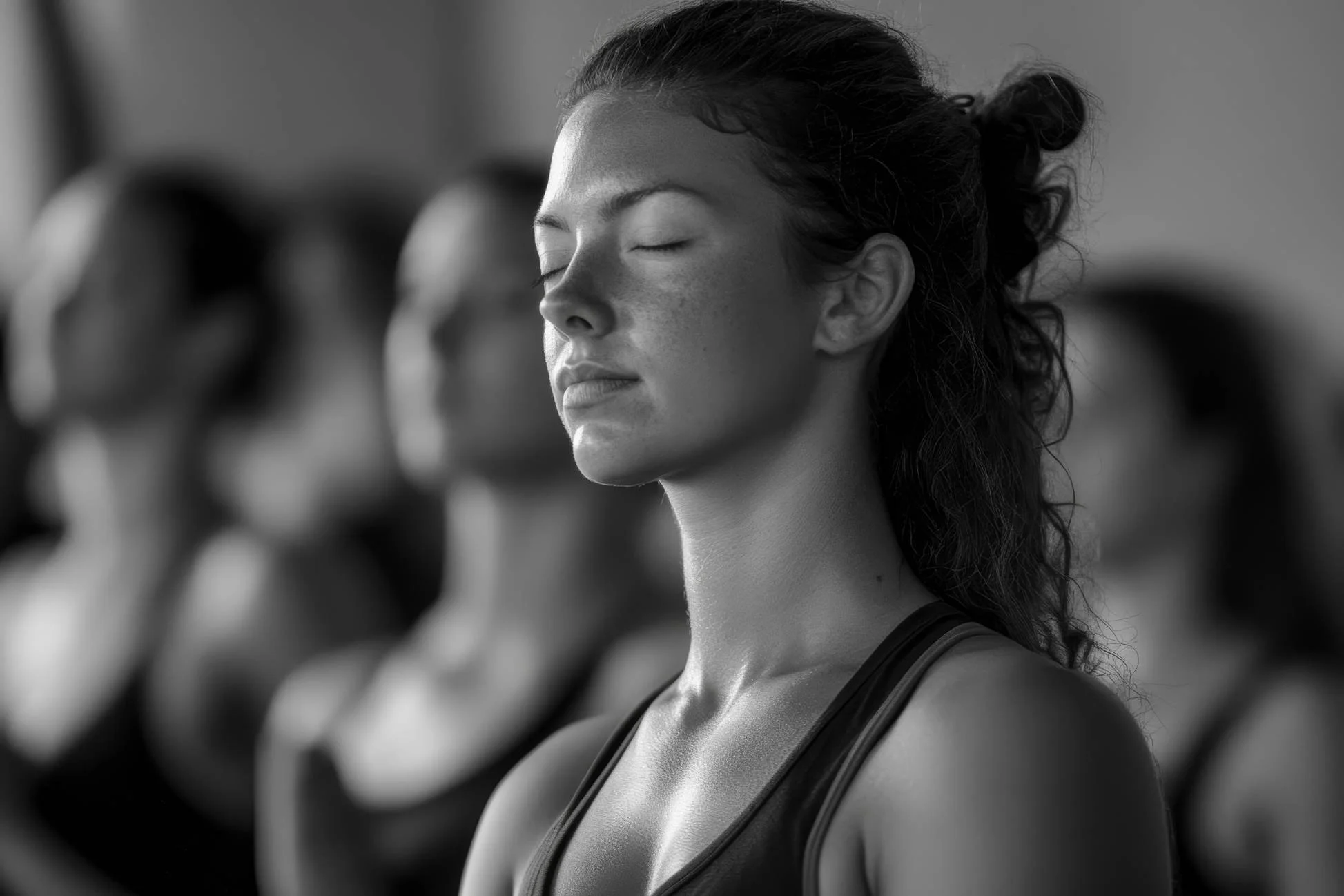 Vrouw in groepssessie ademwerk met gesloten ogen tijdens begeleide ademhaling.