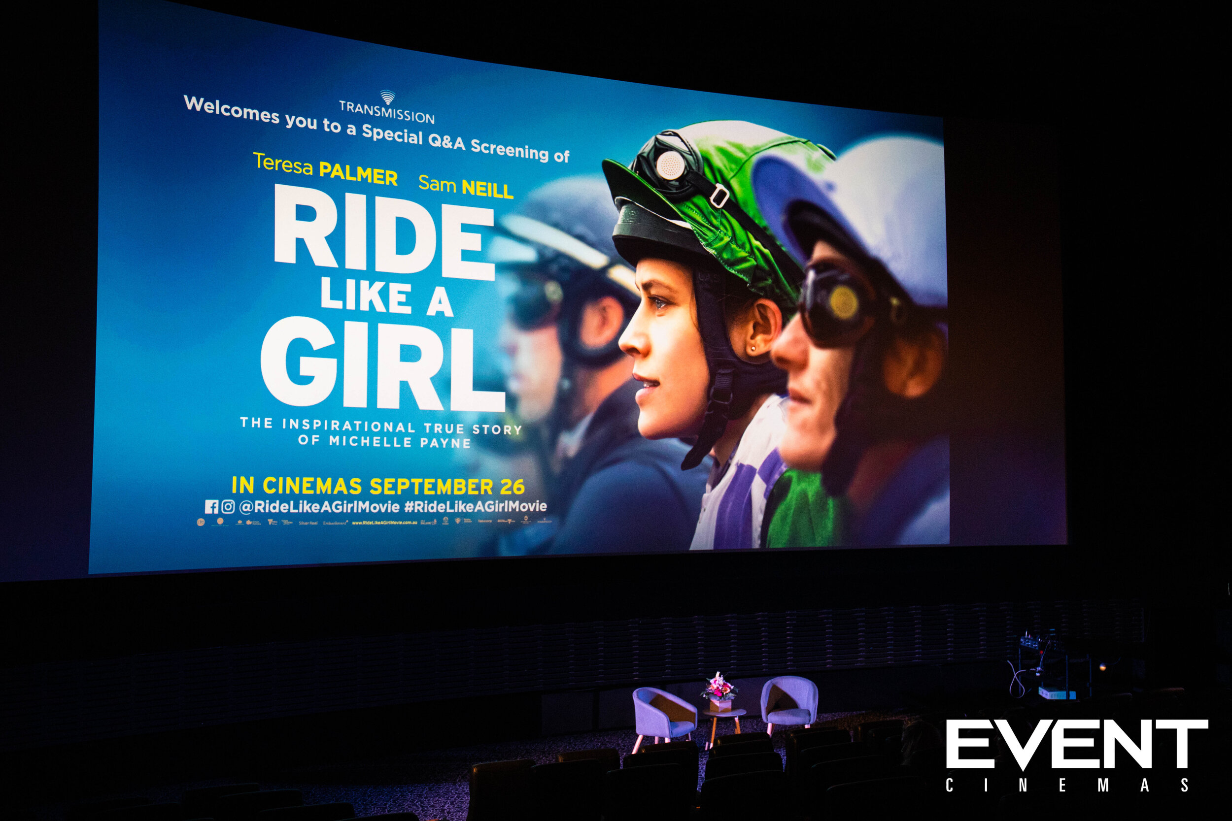 The Ride Like a girl movie poster on the big screen.