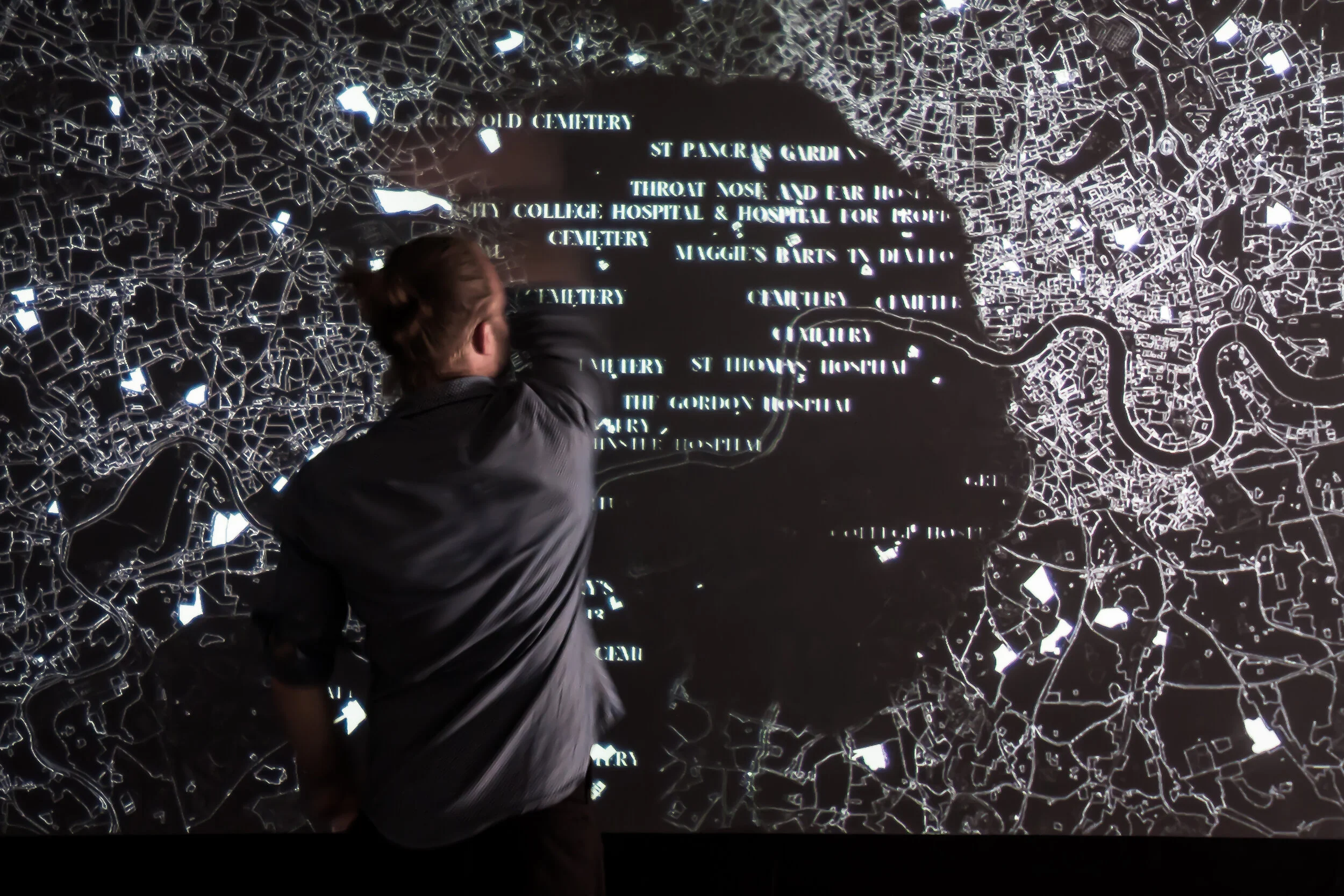 The interactive map of London - waving your hand across the screen revealed further information about the places related to death and dying.