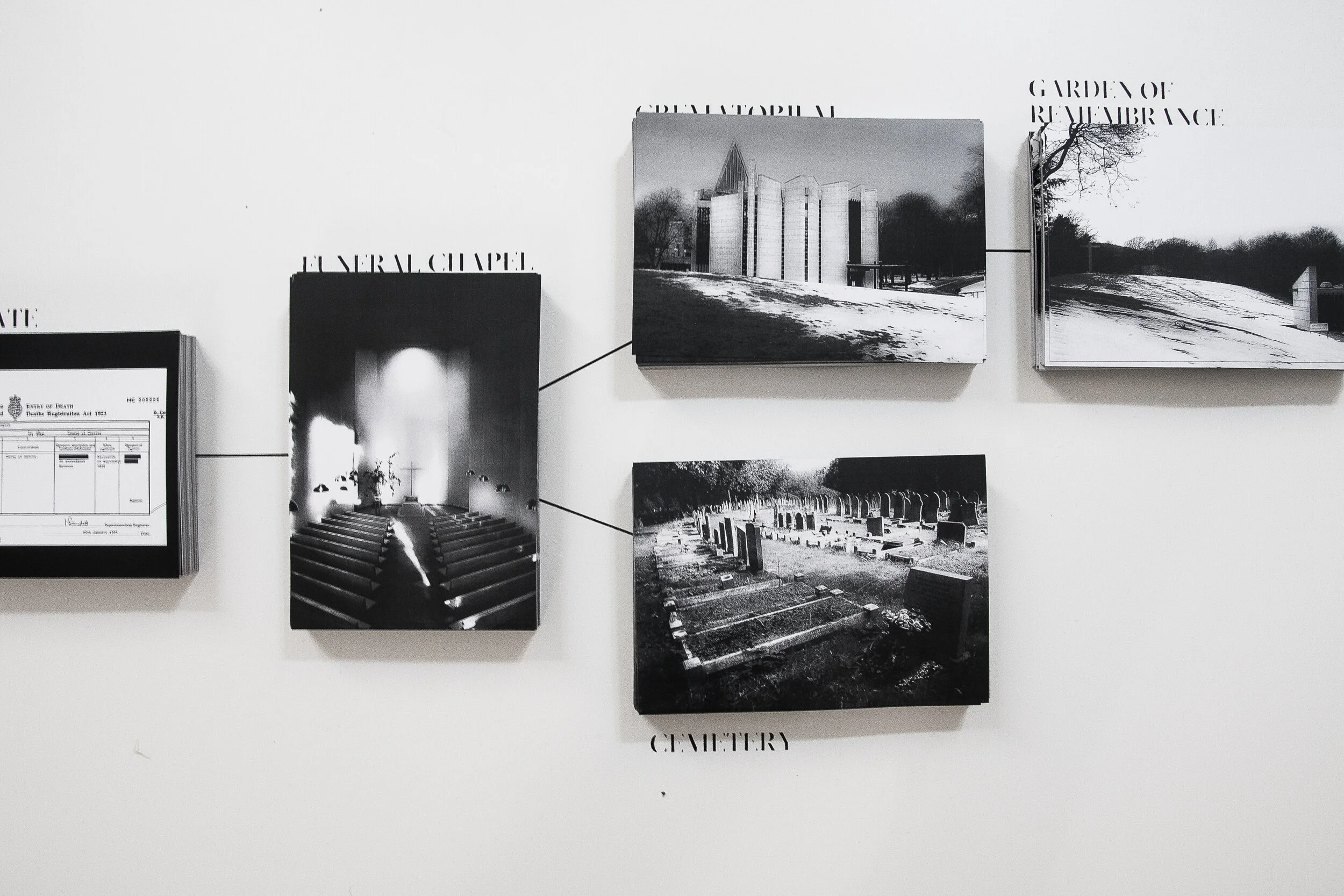 A close up of some of the postcards showing the spaces people pass through on either side of death. This sequence is from 1981.