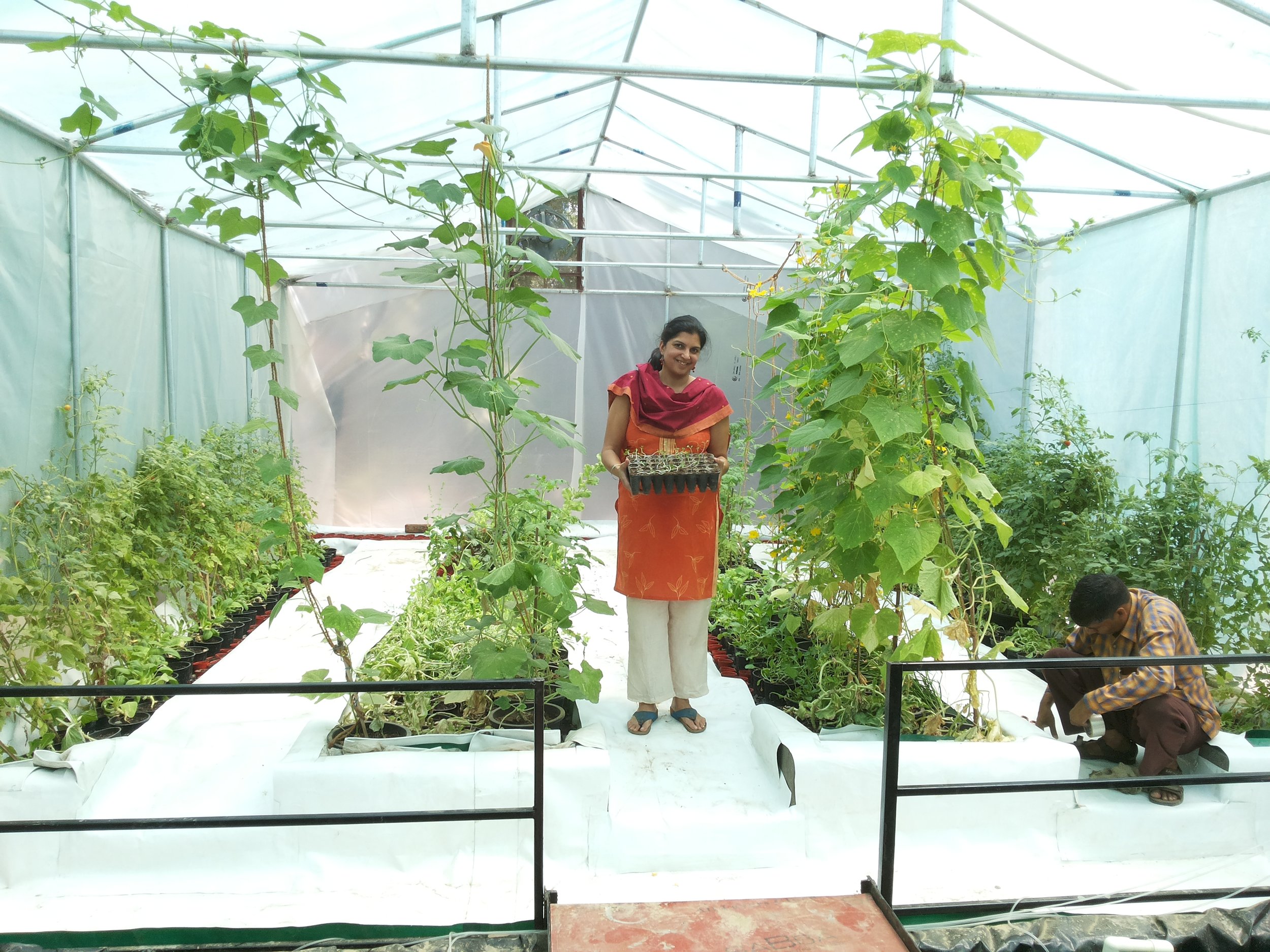 Neeno Kaur in the aquaponic greenhouse with her daughter in the greenhouse in the garden of her daughter's Lucknow home