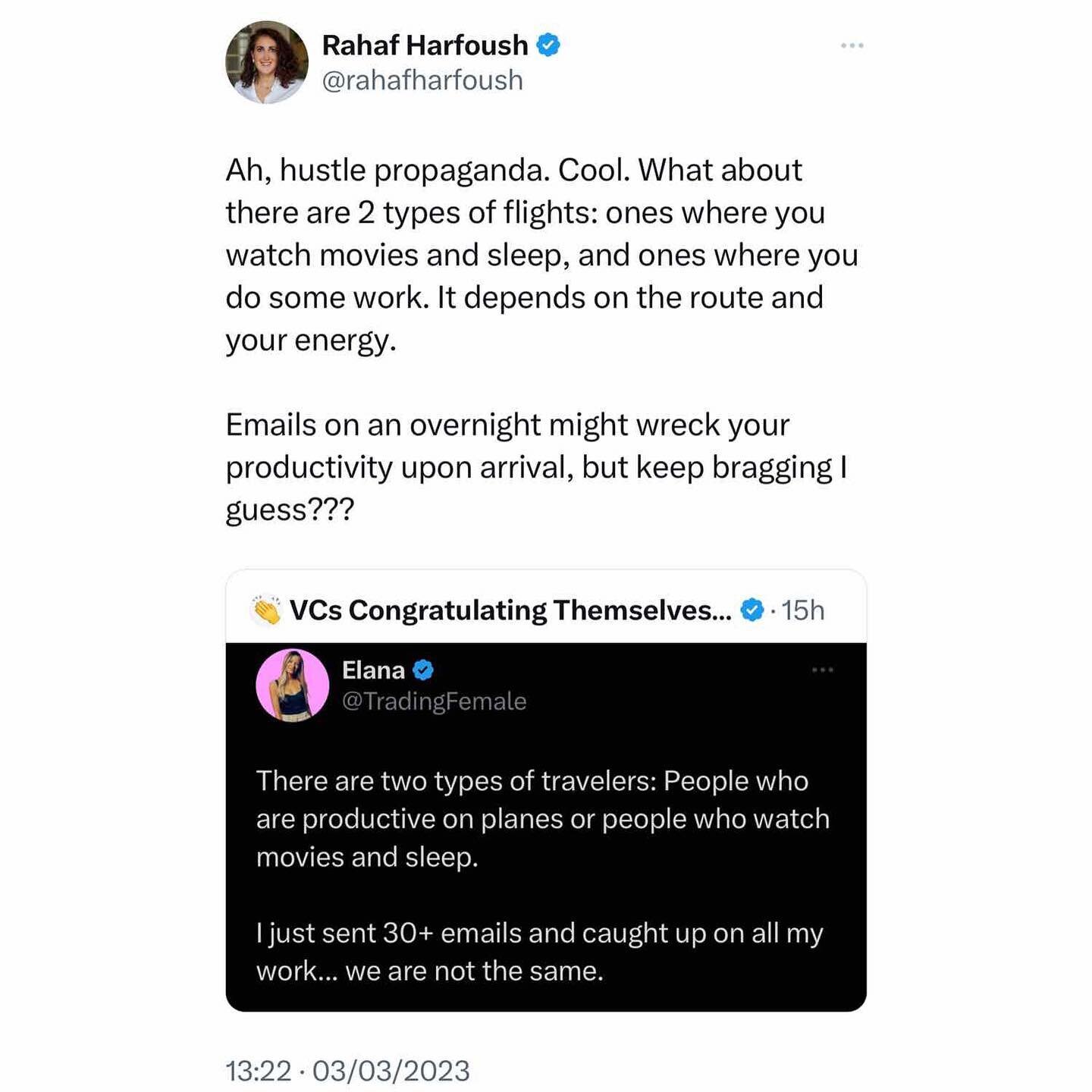 Check out this tweet. Bragging about working on a plane. I think the &ldquo;we are not the same&rdquo; is the hustle culture&rsquo;s version of the &ldquo;pick me&rdquo; vibe. 

The most annoying part is this bragging completely ignores your energeti