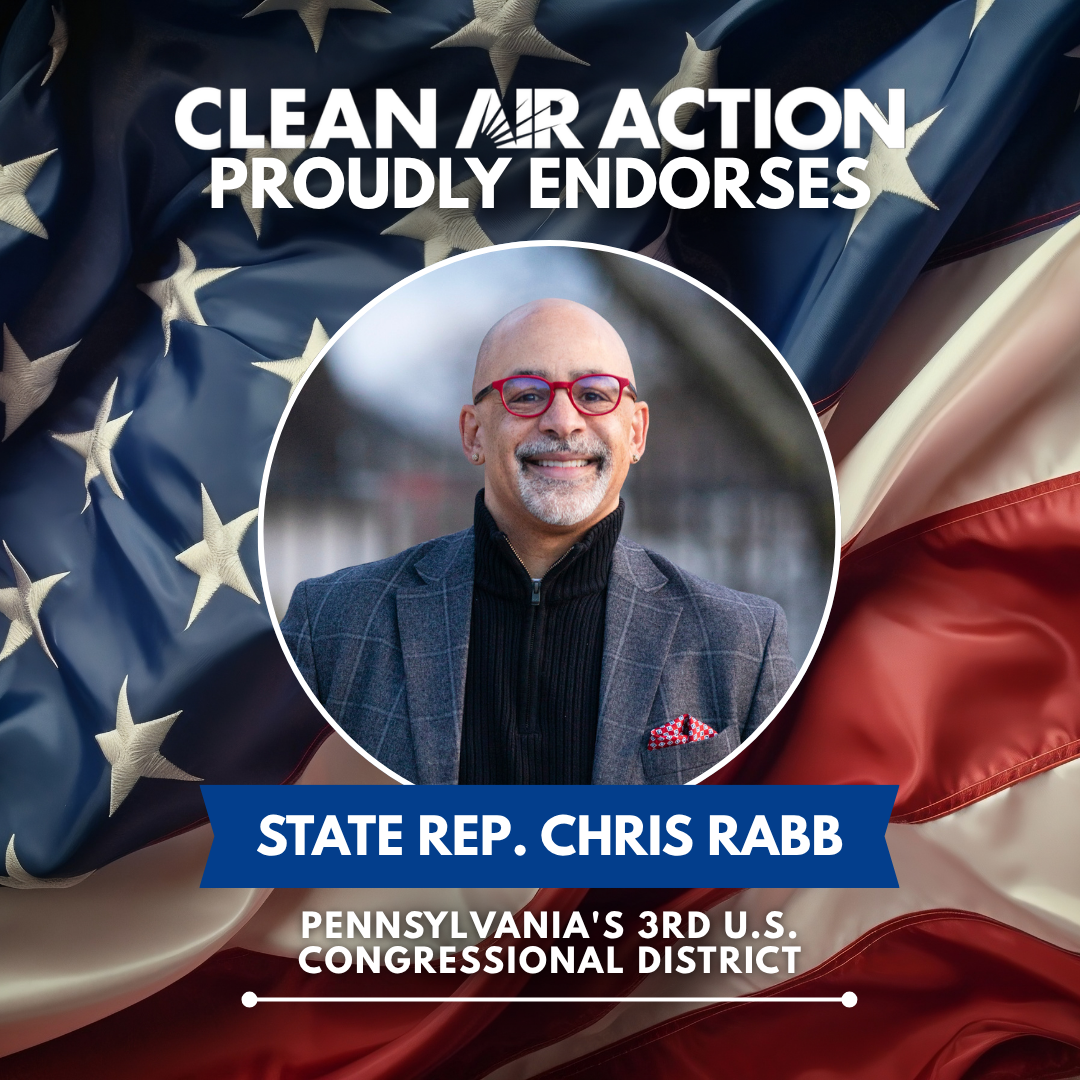 A promotional image endorsing clean air action featuring Pennsylvania State Representative Chris Rabb. The background displays the American flag. The image includes a professional portrait of Chris Rabb, who is smiling and wearing glasses, a checkered blazer, and a black turtleneck. The text indicates his endorsement and political district: Pennsylvania's 3rd U.S. Congressional District.