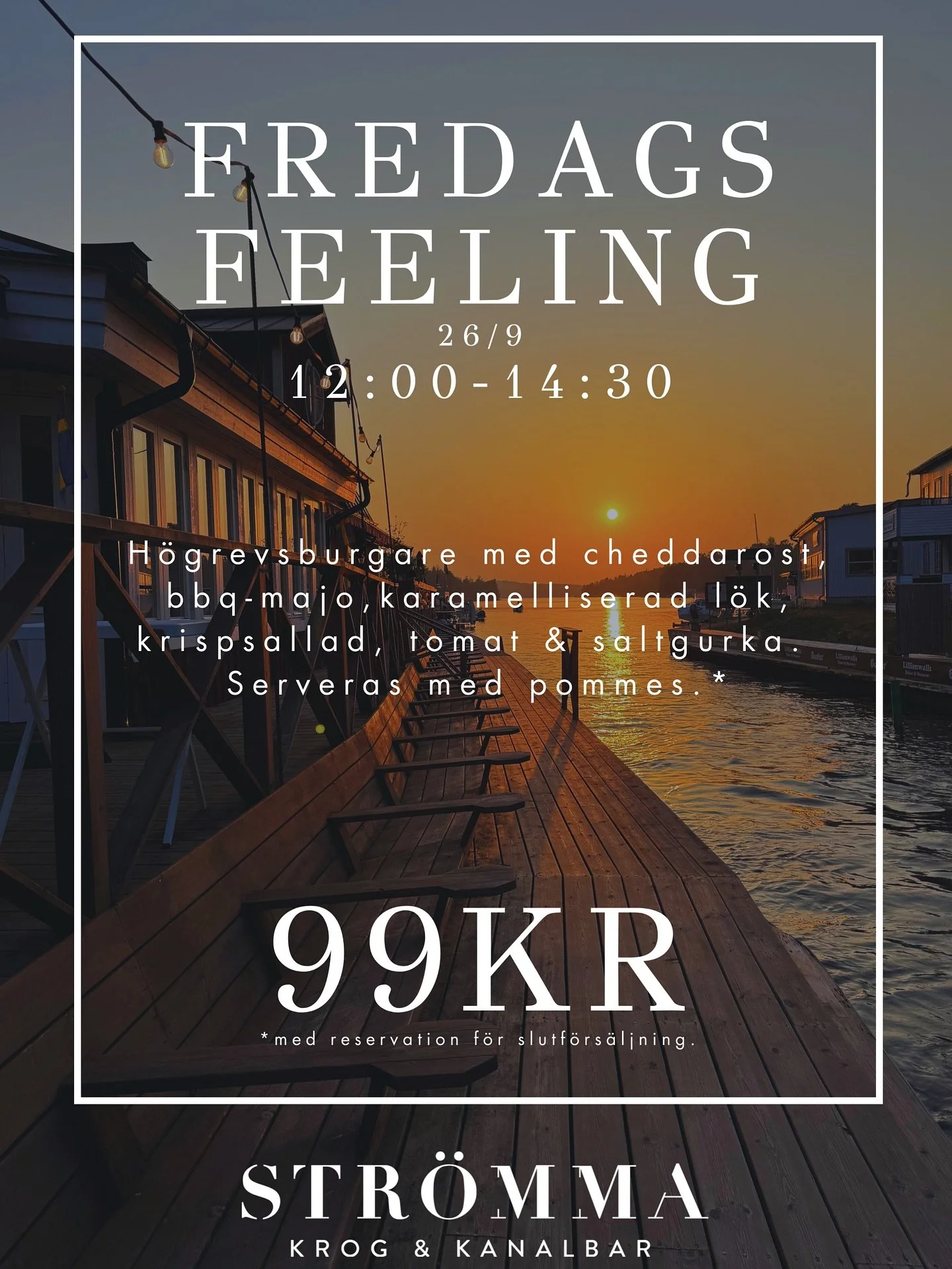 Efter en l&aring;ng sommar &auml;r det &auml;ntligen dags igen &ndash; v&aring;r uppskattade fredagsfeeling &auml;r tillbaka.
Vi b&ouml;rjar helgen p&aring; b&auml;sta s&auml;tt med en lunchspecial f&ouml;r 99 kr. Imorgon serverar vi en av era fredag