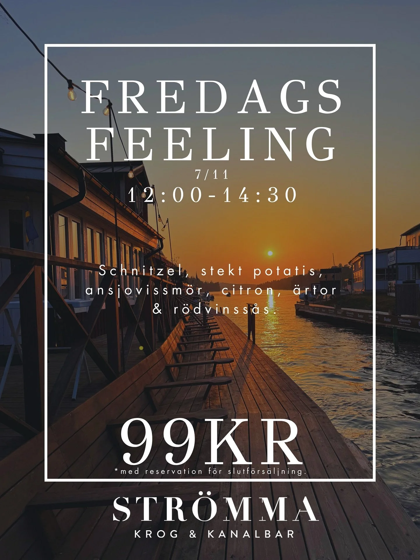 Fredagen n&auml;rmar sig &ndash; och vi &auml;r redo att avsluta veckan p&aring; b&auml;sta s&auml;tt! 🎉

Imorgon bjuder vi p&aring; en riktig favorit: krispig schnitzel med potatis, ansjovissm&ouml;r, kapris , citron och v&aring;r goda r&ouml;dvins