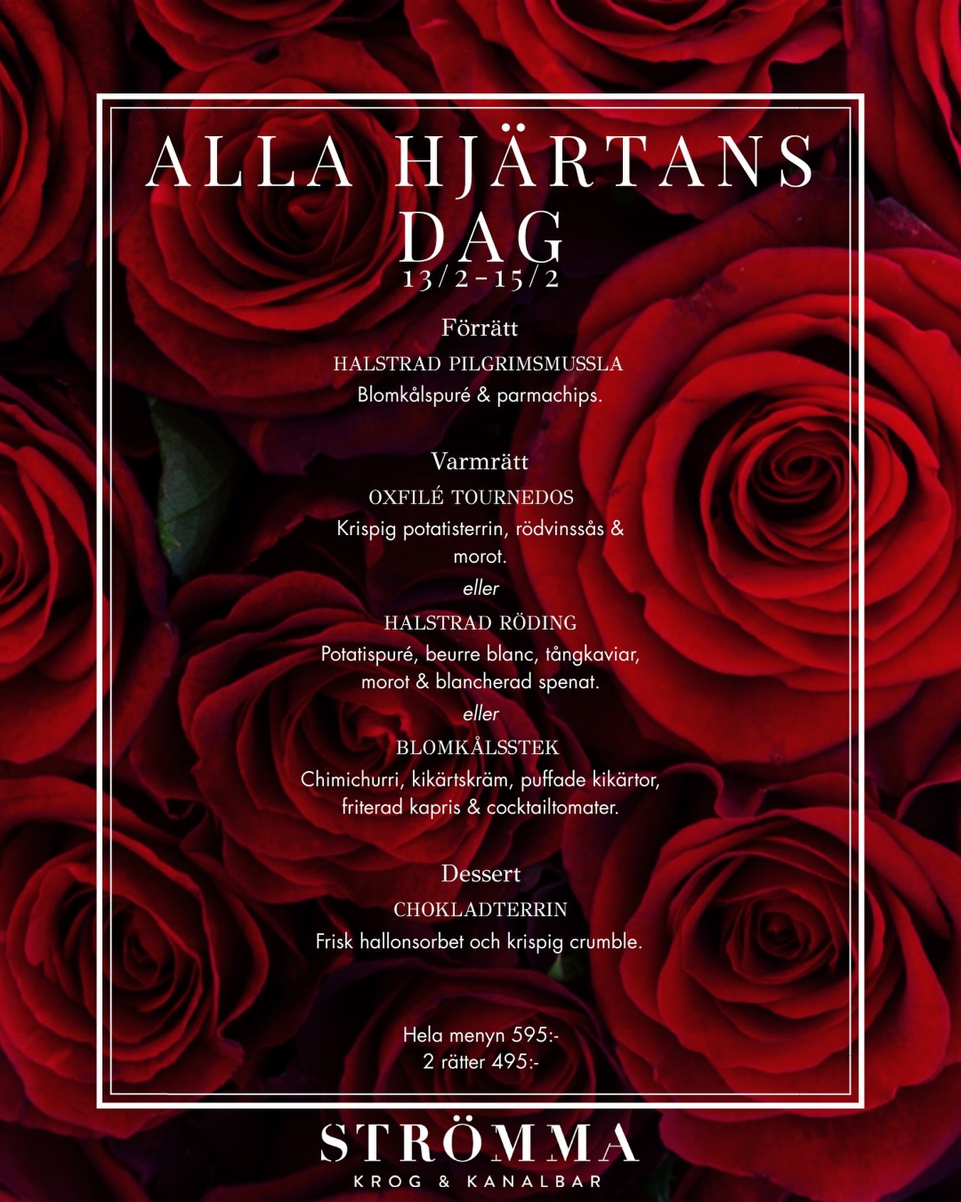 ✨ V&auml;lkomna till en of&ouml;rgl&ouml;mlig Alla hj&auml;rtans dag-helg p&aring; Str&ouml;mma Krog &amp; Kanalbar ✨

Under hela helgen 13&ndash;15 februari &ouml;ppnar vi v&aring;ra d&ouml;rrar f&ouml;r att fira k&auml;rleken. Oavsett vilken dag ni