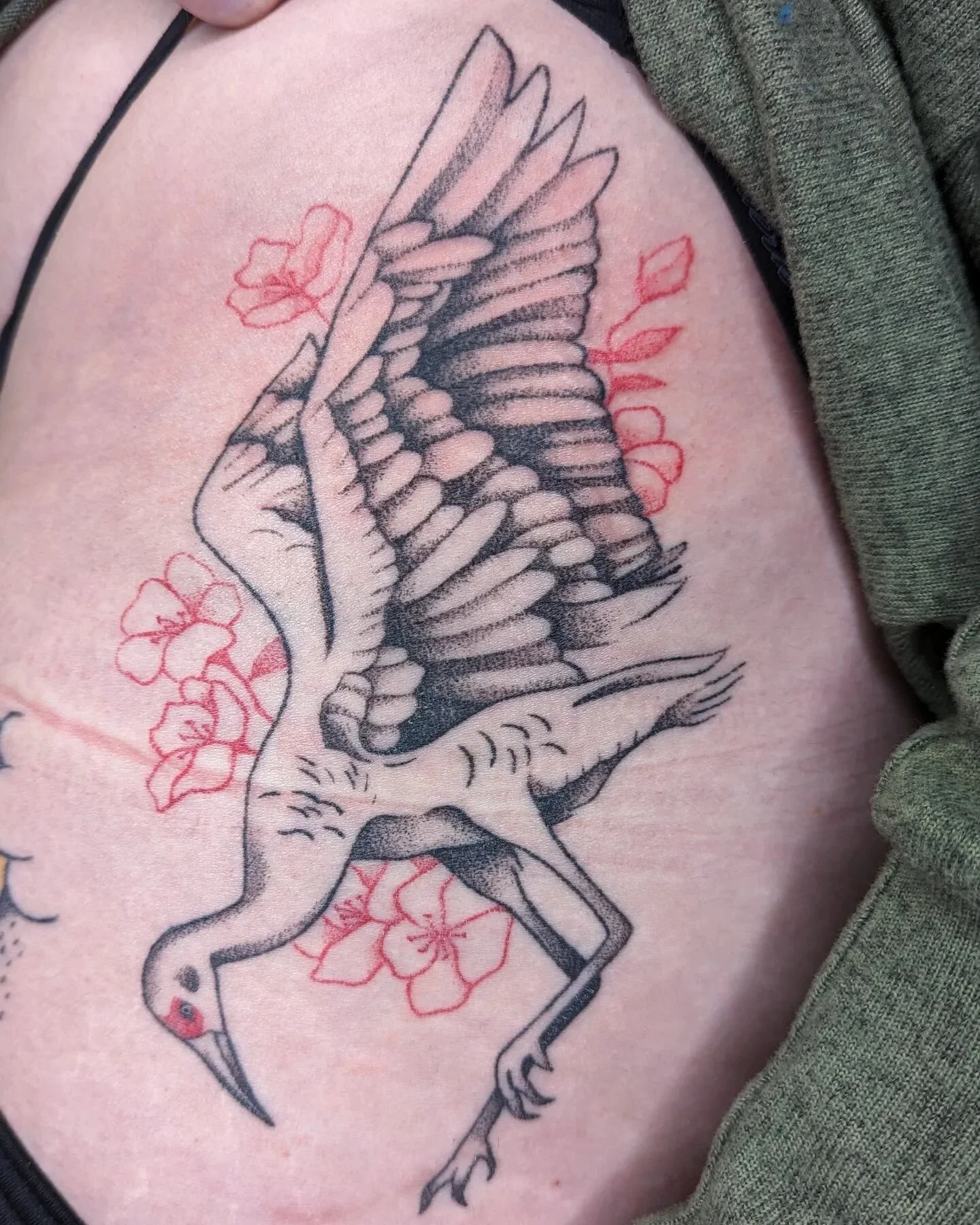 #HANDPOKED hip crane for the always patient &amp; lovely gemma, done over 3 sessions and likely my biggest project to date - all done dot by dot, by hand, w love 🥰