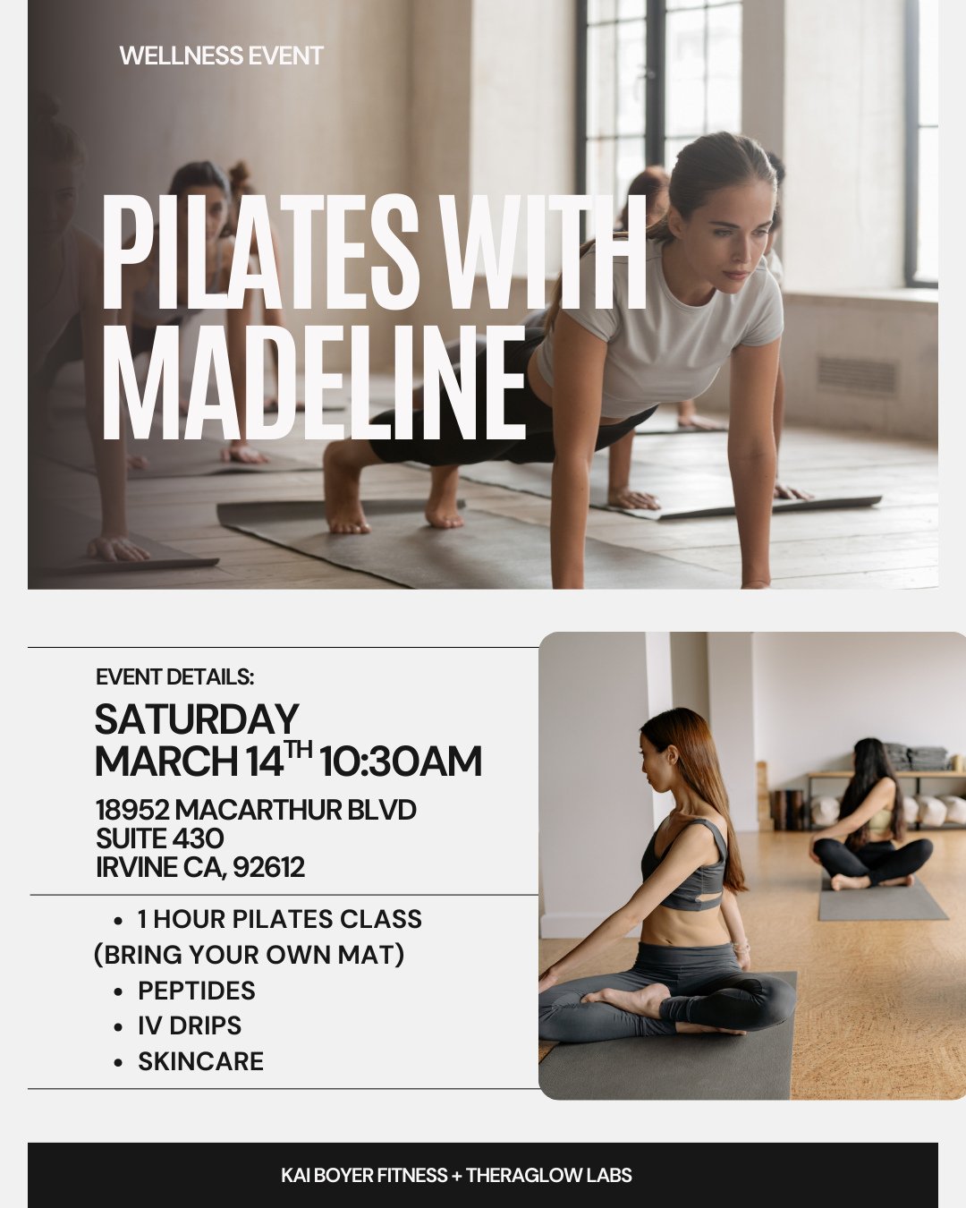 Movement. Recovery. Glow.

Join us Saturday, March 14th at 10:30AM for a curated wellness experience at Kai Boyer Fitness.

&bull; 1-hour Pilates class with Madeline (bring your own mat)
&bull; Peptide education + offerings
&bull; IV drips
&bull; Ski