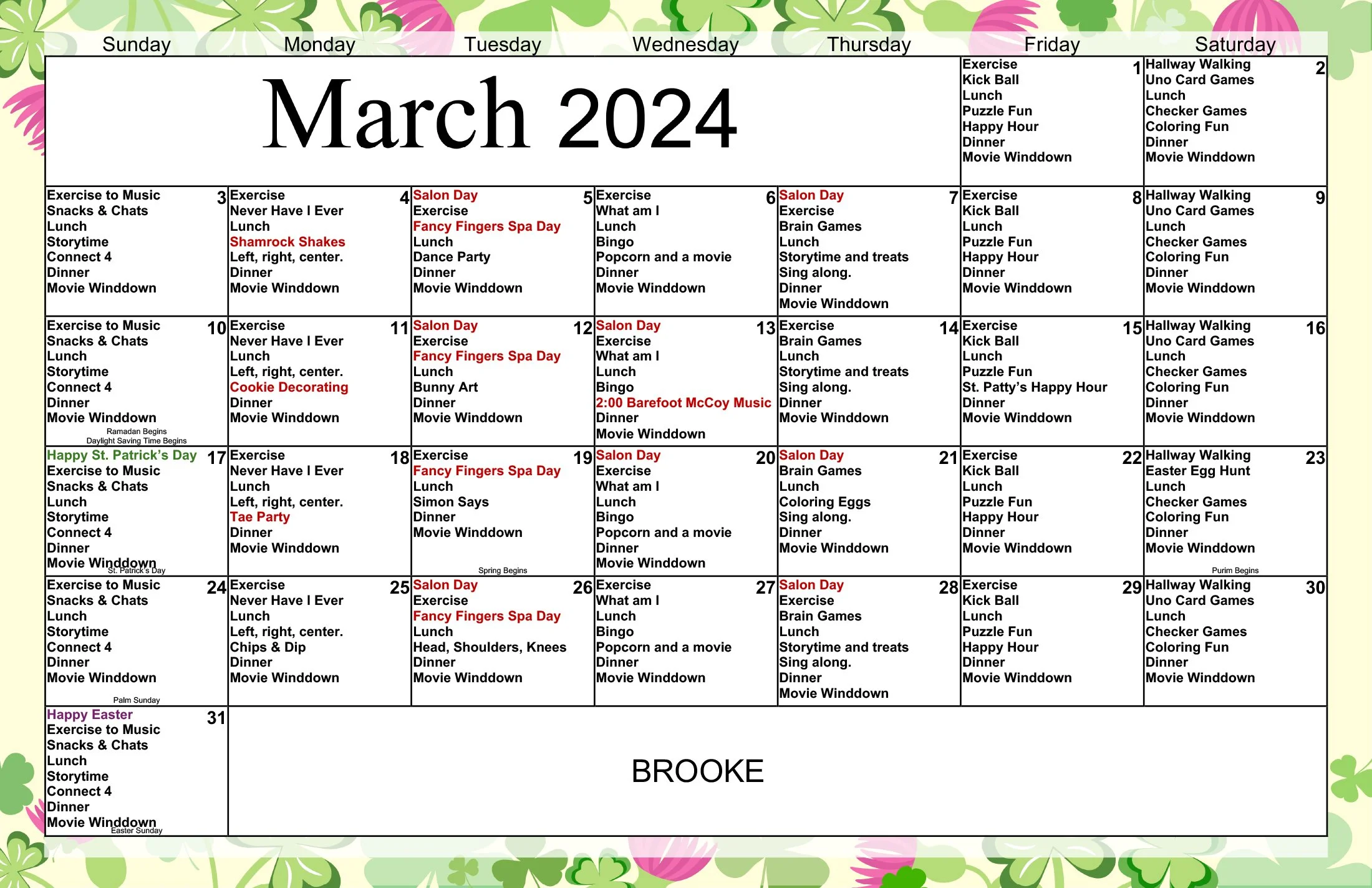 BROOKE CALENDAR — Assisted Living at The Inn at Bear Trail