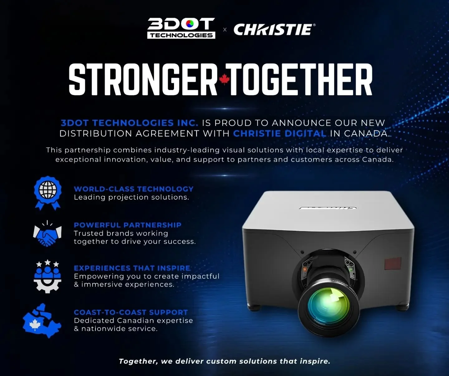 3Dot Technologies Inc. announces a new strategic partnership with @christiedigital in Canada. This new addition to the 3Dot Technologies team brings the Canadian Sales team of Christie back into play 🤘🤝

Contact us today for more details!

#Canadia