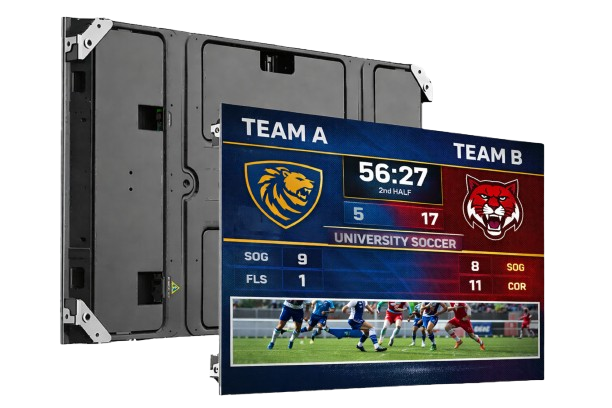 Example of modern digital scoreboard - 3Dot Tech;  2 university soccer teams are noted as Team A (lion crest in shield) and Team B (red panther head), game time is shown in the top middle of the screen with game scoring info + gameplay recap below