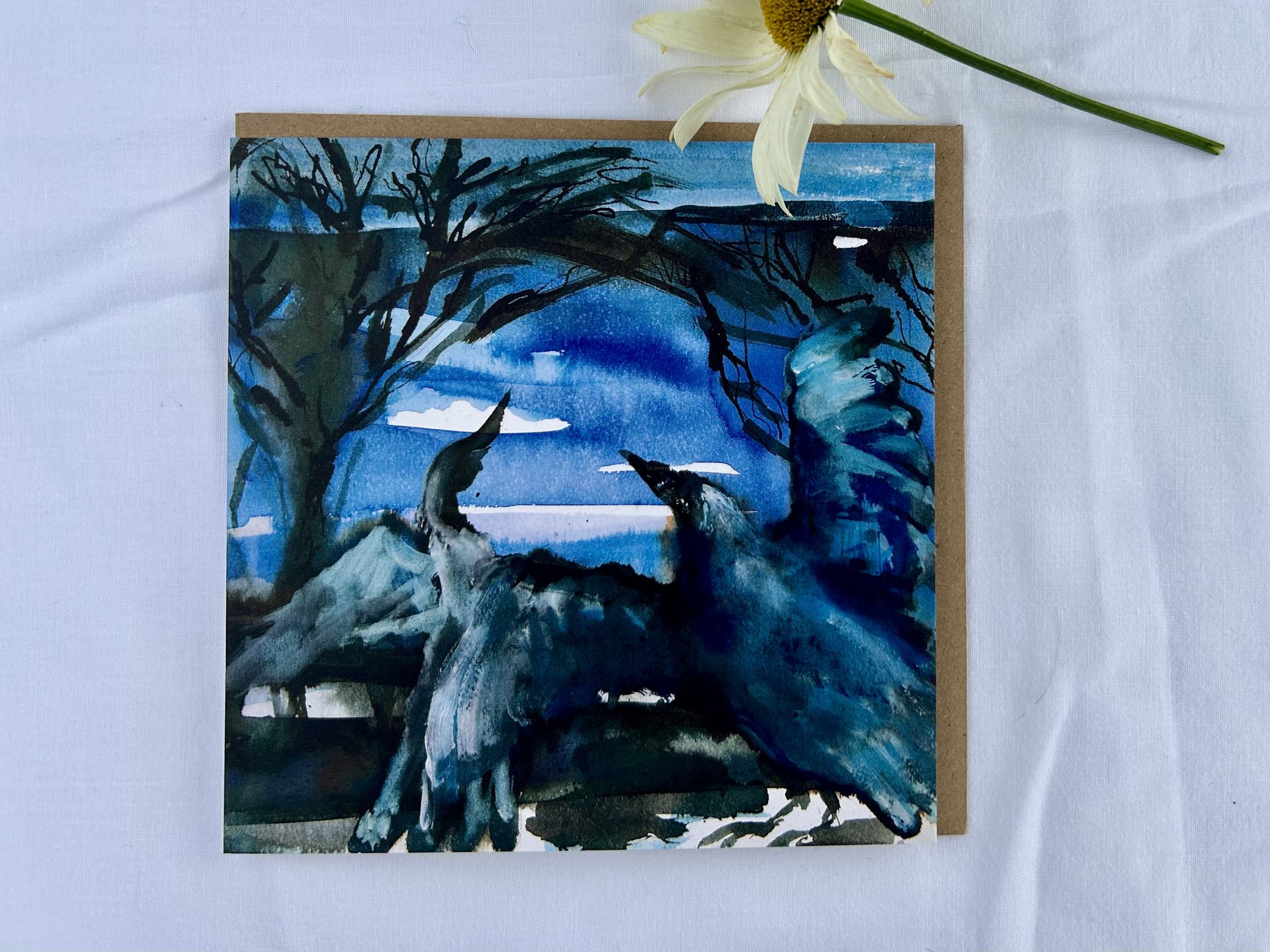 A watercolor painting depicting three dolphins jumping out of the water near a tree with a dark, blue, sky in the background.