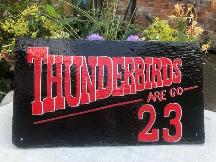 A black rectangular sign with the phrase 'THUNDERBIRDS ARE GO 23' painted in bold red letters, placed on a white surface with a garden and brick wall in the background.