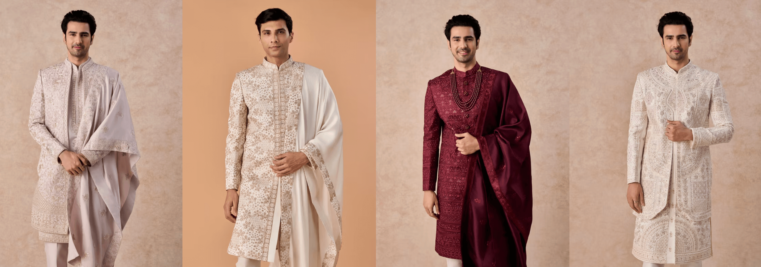 Men wearing different types of sherwanis with shawls which are perfect for Indian American wedding guests.