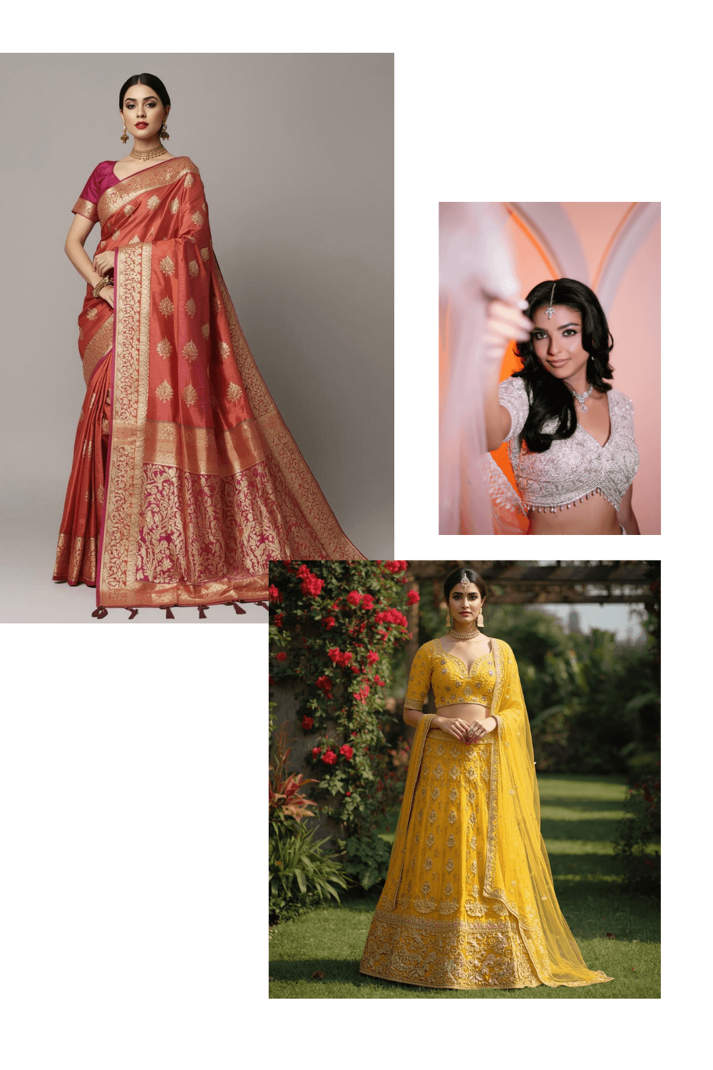 Indian wedding guests  wearing a red saree, a modern lehenga and another in a yellow traditional Indian festive lehenga for a fusion wedding.