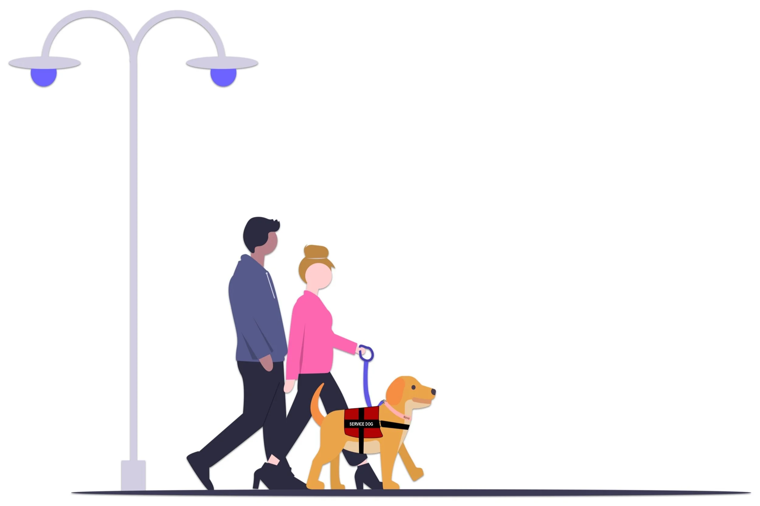 A man walks with a woman and her service dog.