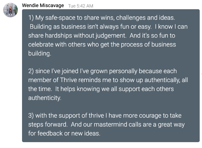 Screenshot of a message in a messaging app from Wendie Miscavage discussing her support system and personal growth in business.