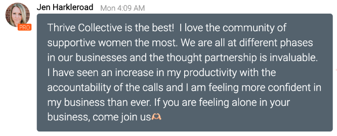Screenshot of a social media post by Jen Harkleroad expressing appreciation for Thrive Collective and its supportive community of women entrepreneurs, mentioning increased productivity and confidence.