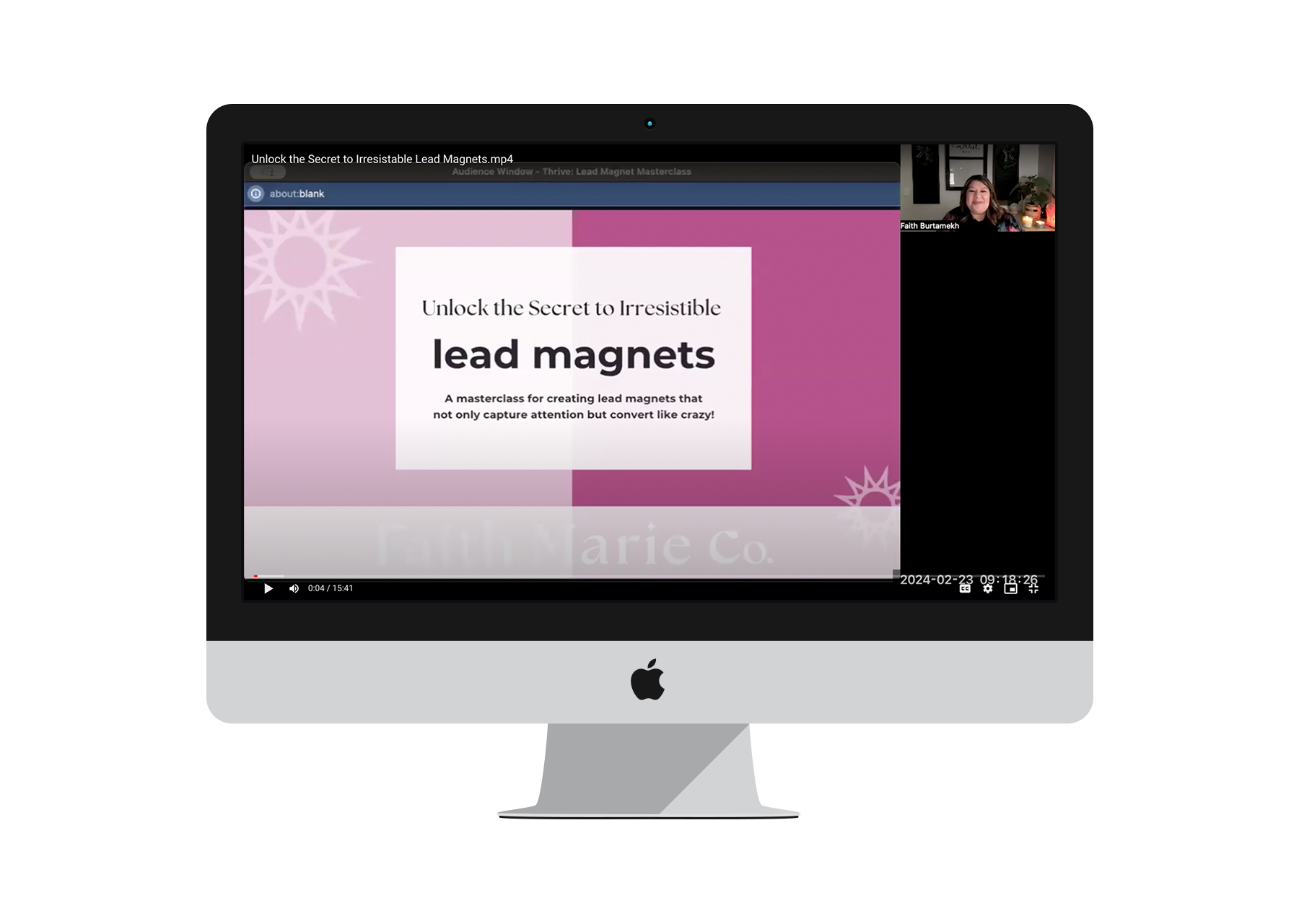 Computer screen showing a presentation titled 'Unlock the Secret to Irresistible lead magnets' with a pink and purple background and a photo of a woman in a small window in the top right corner.