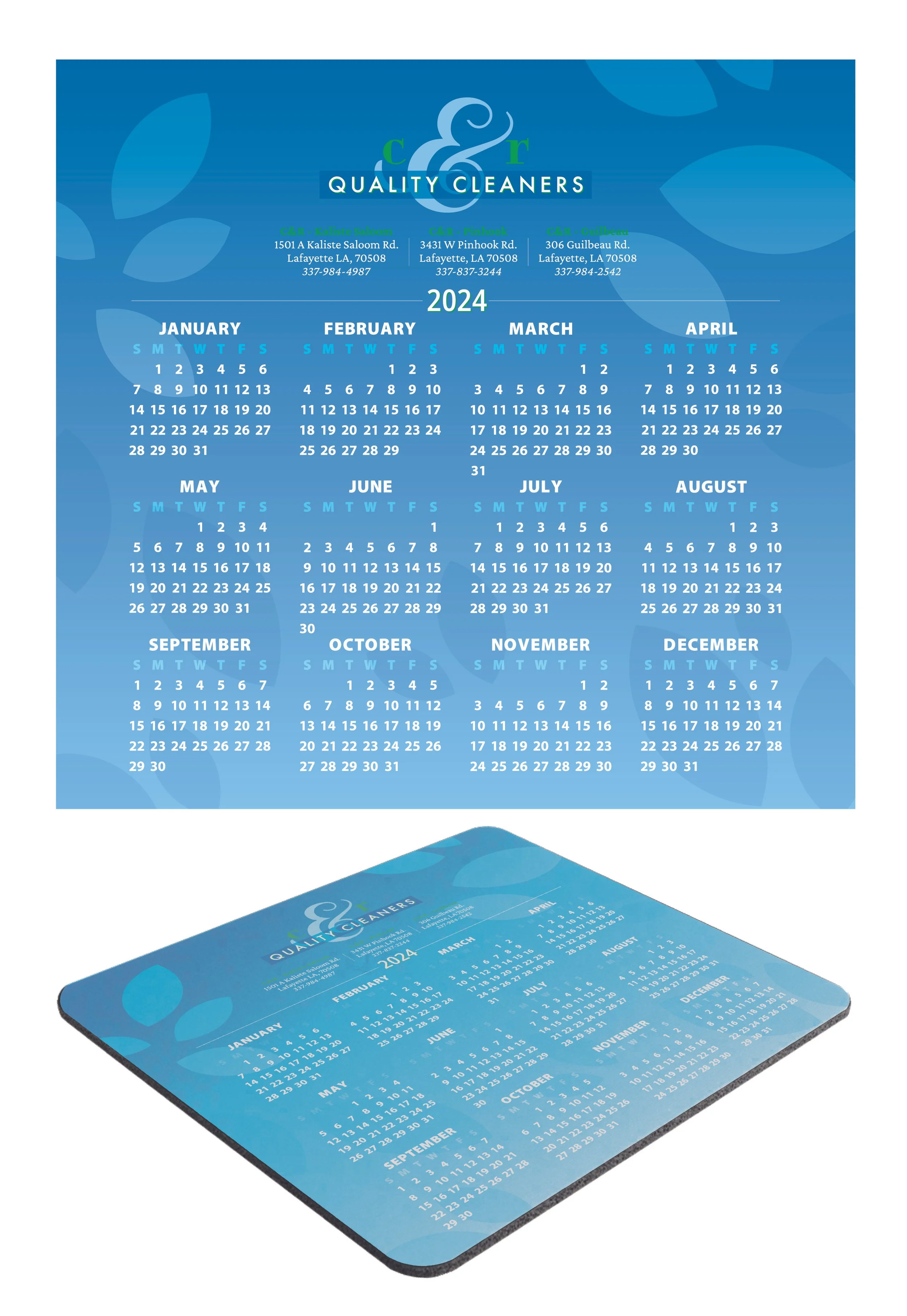 Tasked with making a calendar mouse pad for the company "C&R Quality Cleaners" and provided with only the company's logo, I took inspiration from their website and established branding motifs to create a mouse pad design that compliments the brand's 