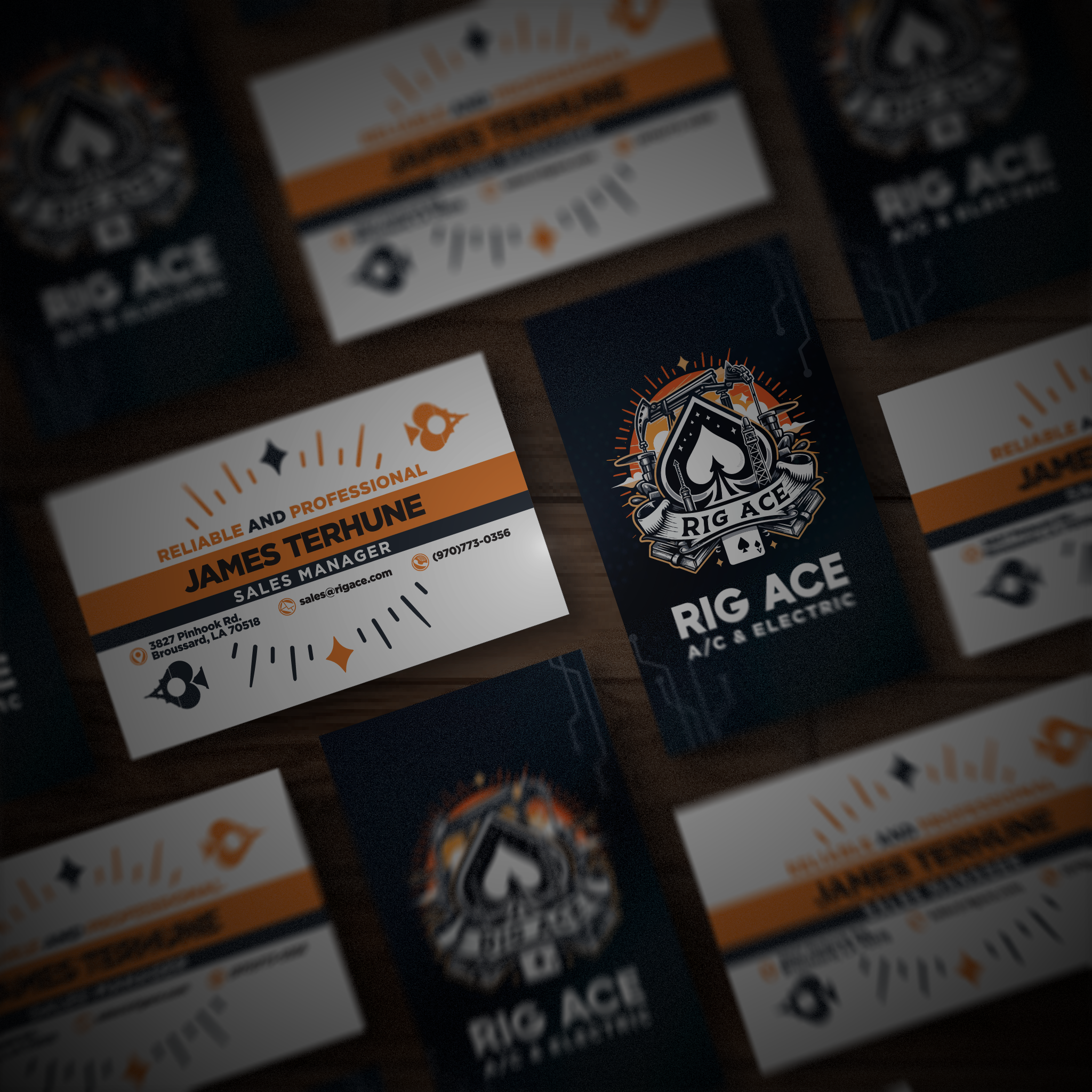 Business cards for Rig Ace A/C & Electric and James Terhune, a sales manager, with contact details and logo elements.