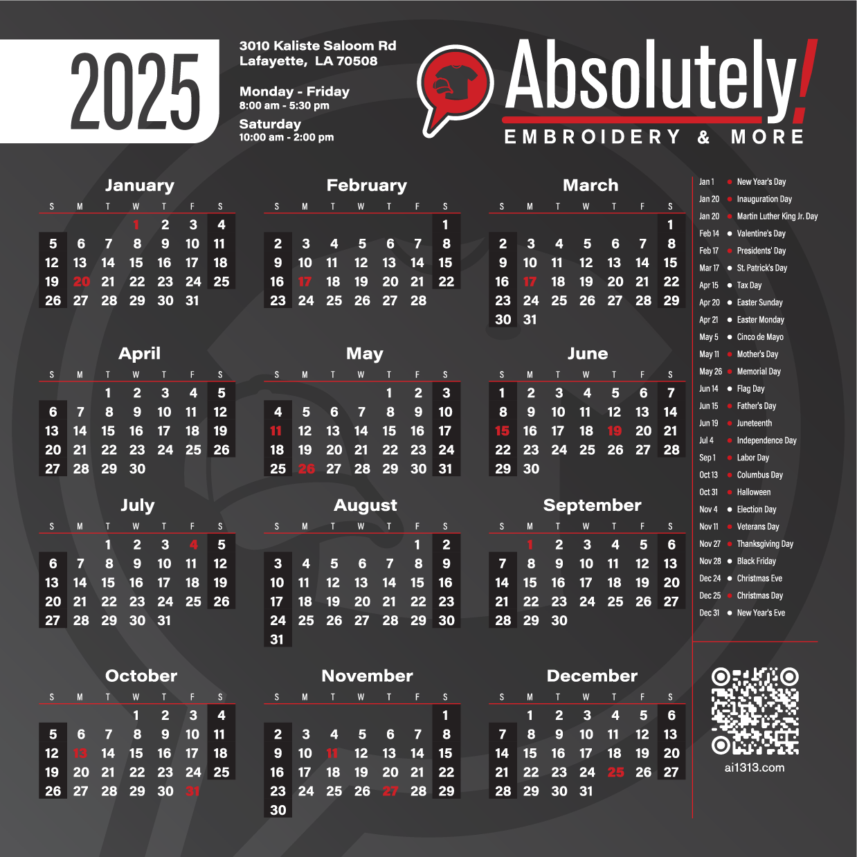 2025 calendar with business store information, location address, operating hours, and a list of holidays for the year.