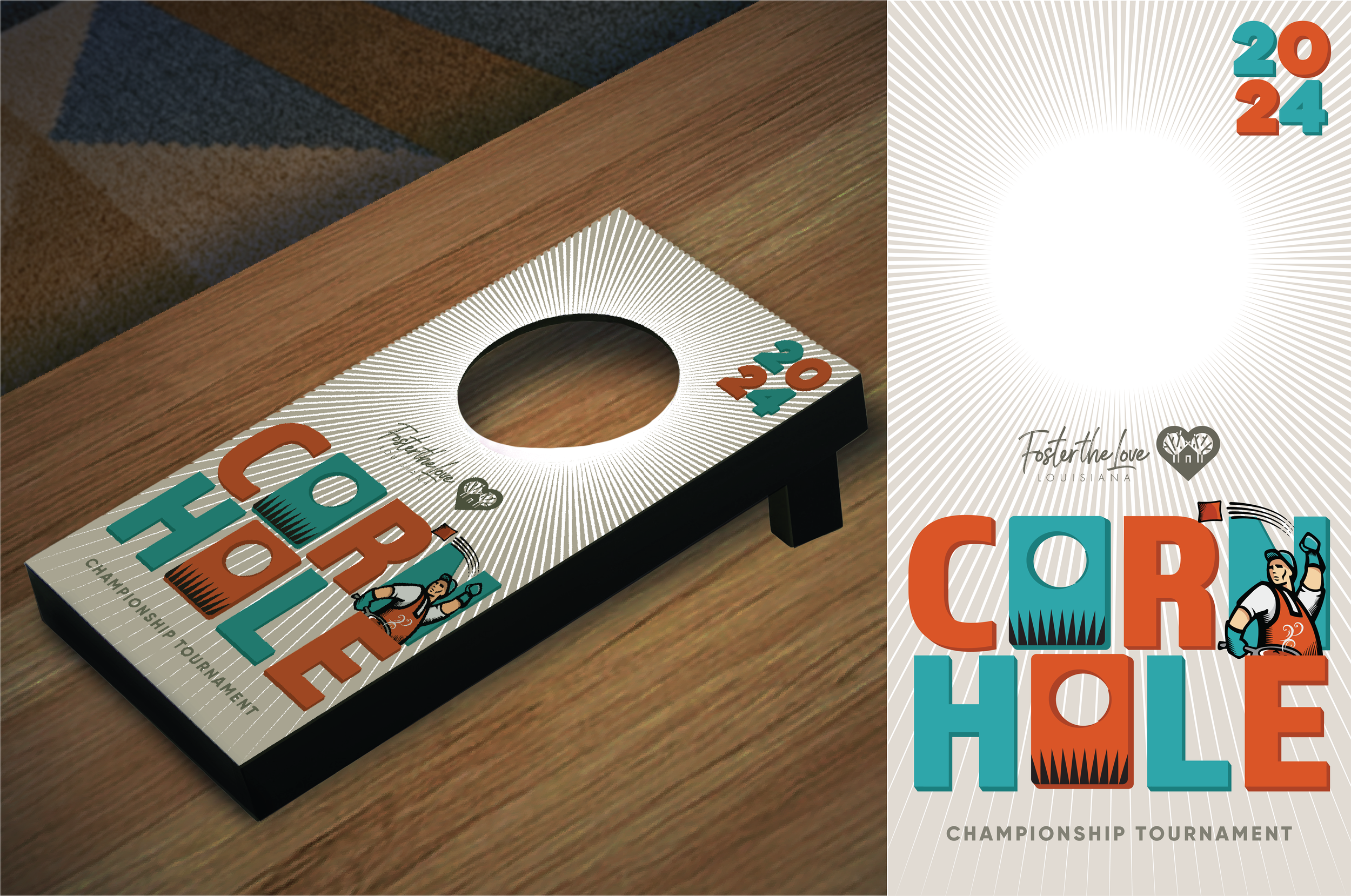 Close-up of a promotional poster for the 2024 Cora Hole Championship Tournament featuring a stylized golfer illustration and colorful text.