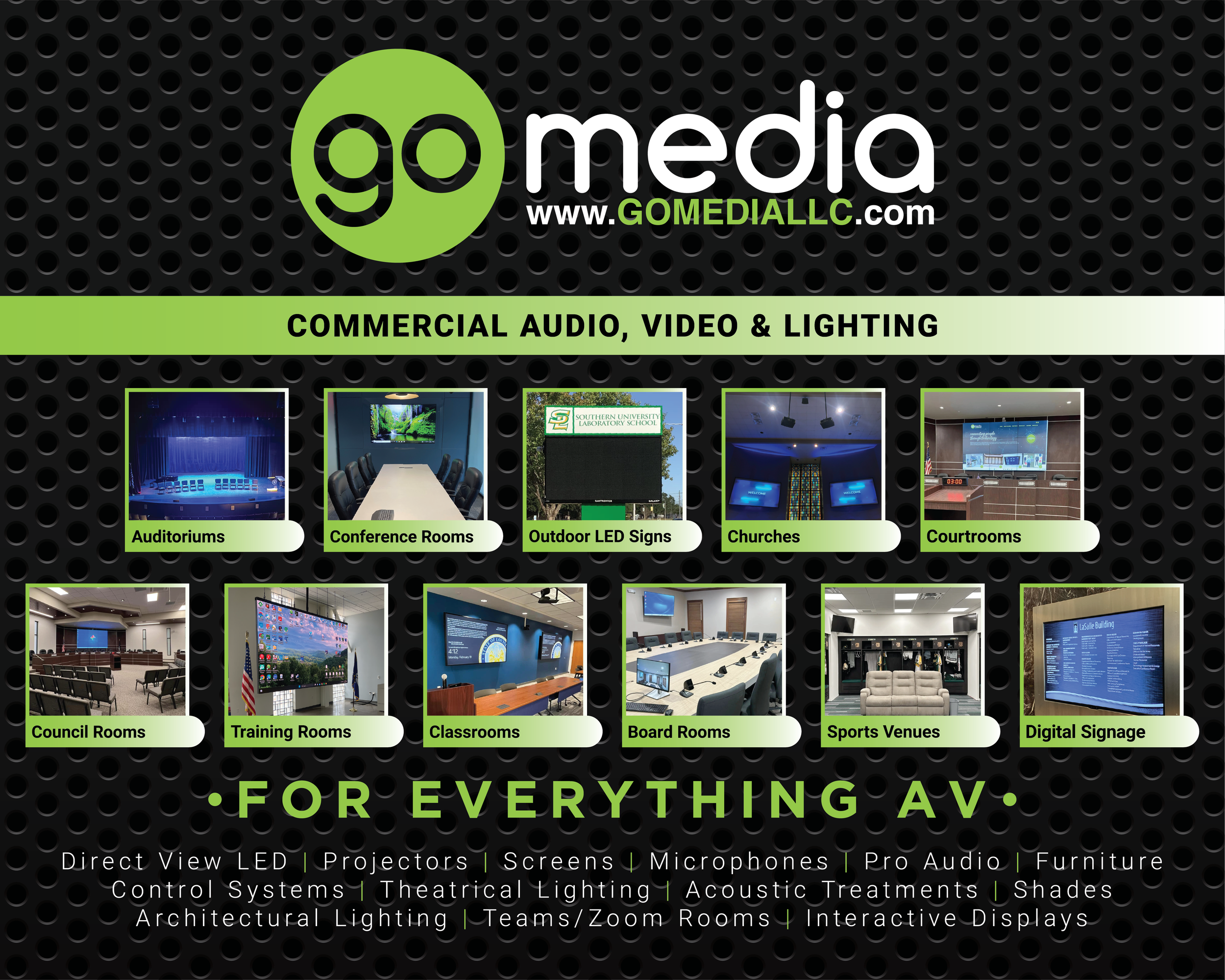 Poster advertising go media's commercial audio, video, and lighting products, including images of auditoriums, conference rooms, outdoor LED signs, churches, courtrooms, council rooms, training rooms, classrooms, board rooms, sports venues, and digit