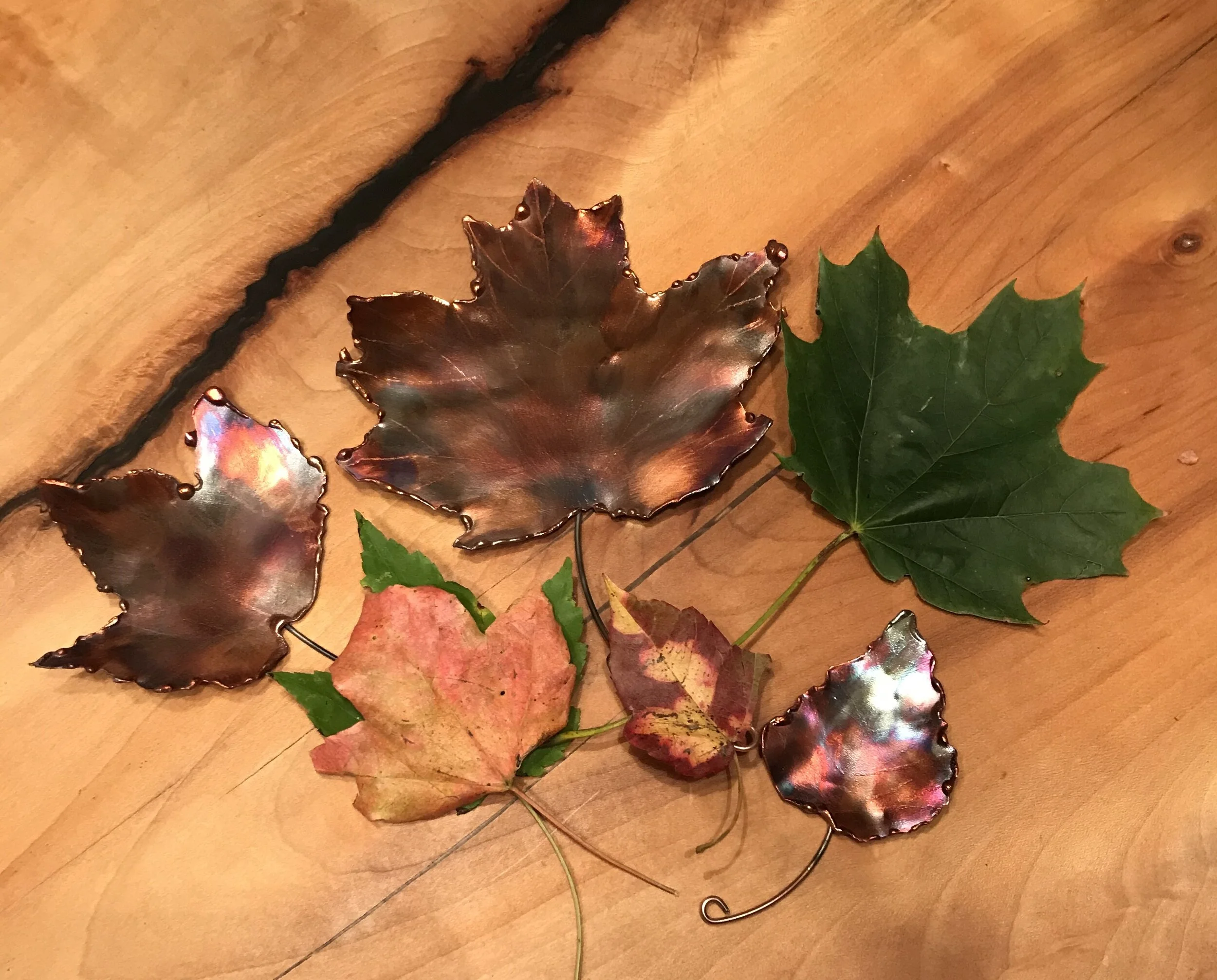 Copper leaves to add to center pieces or hang window, ornament hanger, or tree