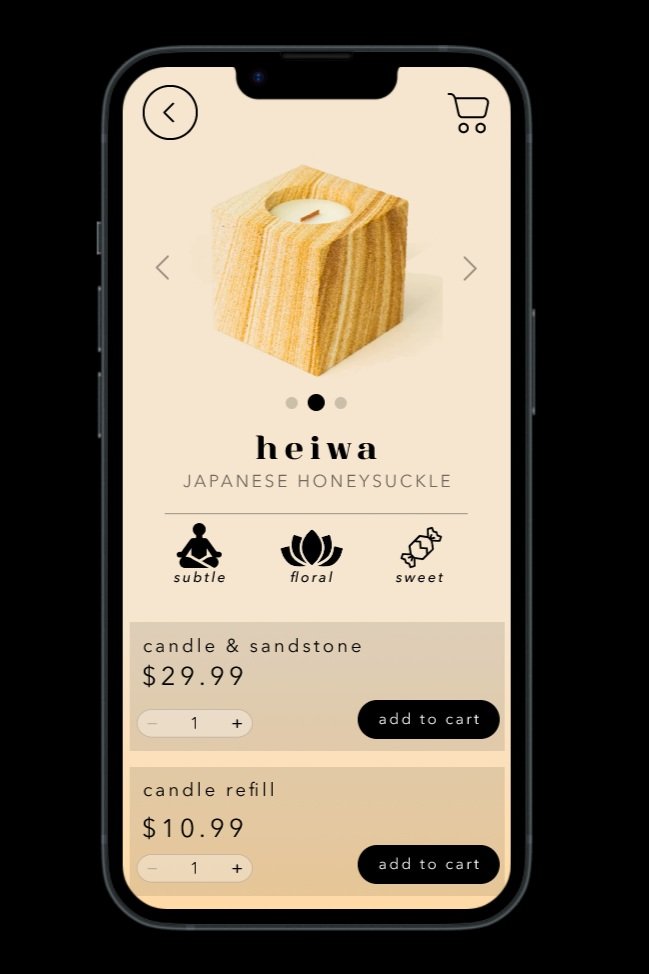 Product Item Page:
Includes a scent profile, scrolling for images of the candle, as well as selection for product refills
