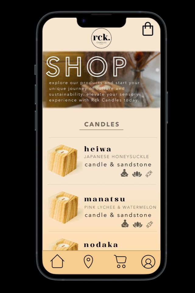 The Shop Page:
This contains all candle products with placeholder images for the candles. The candle containers have quick view "scent profiles" represented by icons