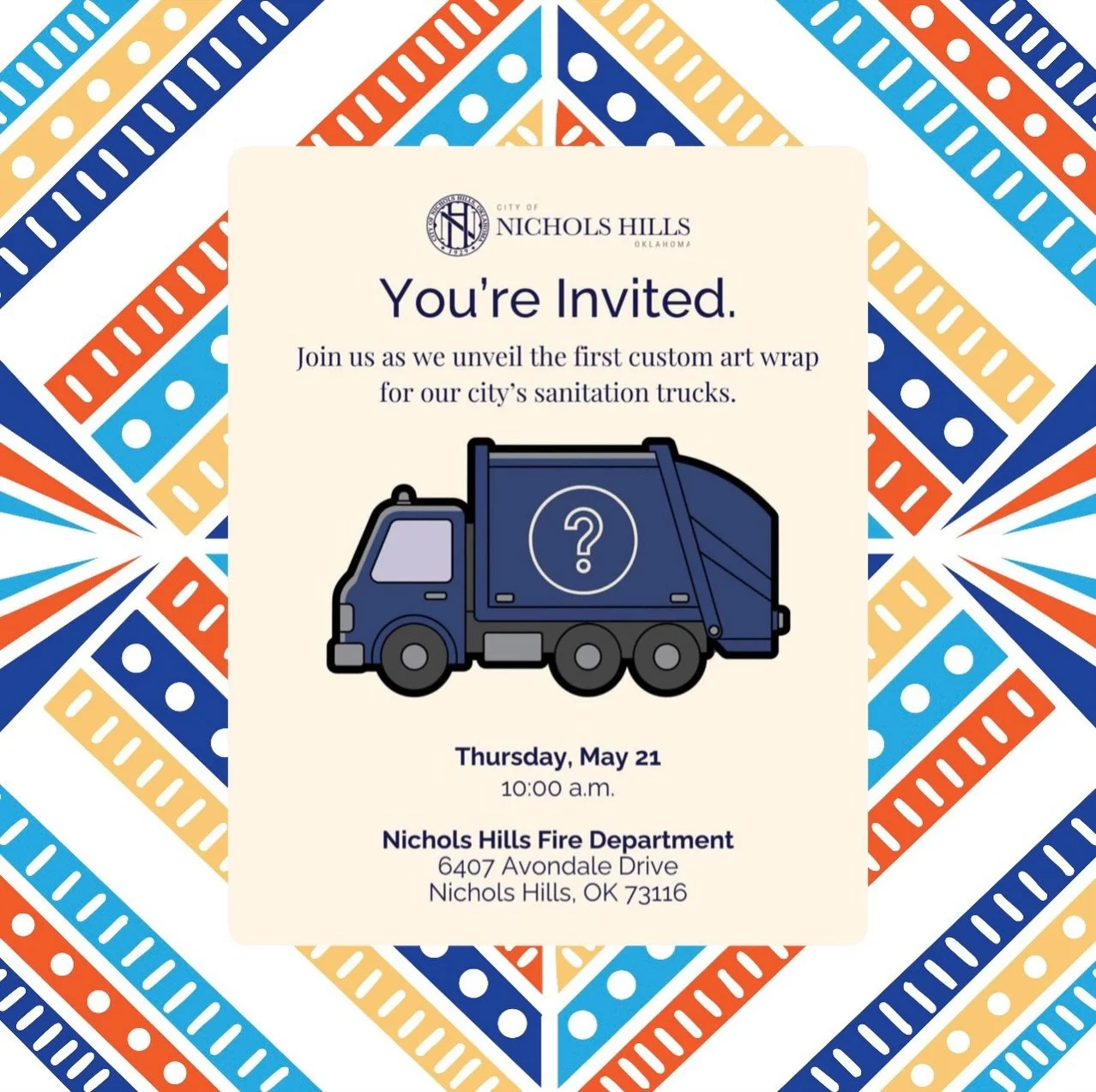 This Thursday, the @cityofnicholshills will host a ceremony unveiling the first custom art wrap for one of their sanitation trucks 🚛 

The event will feature the official sanitation truck unveiling, remarks from community leaders, and a preview of a