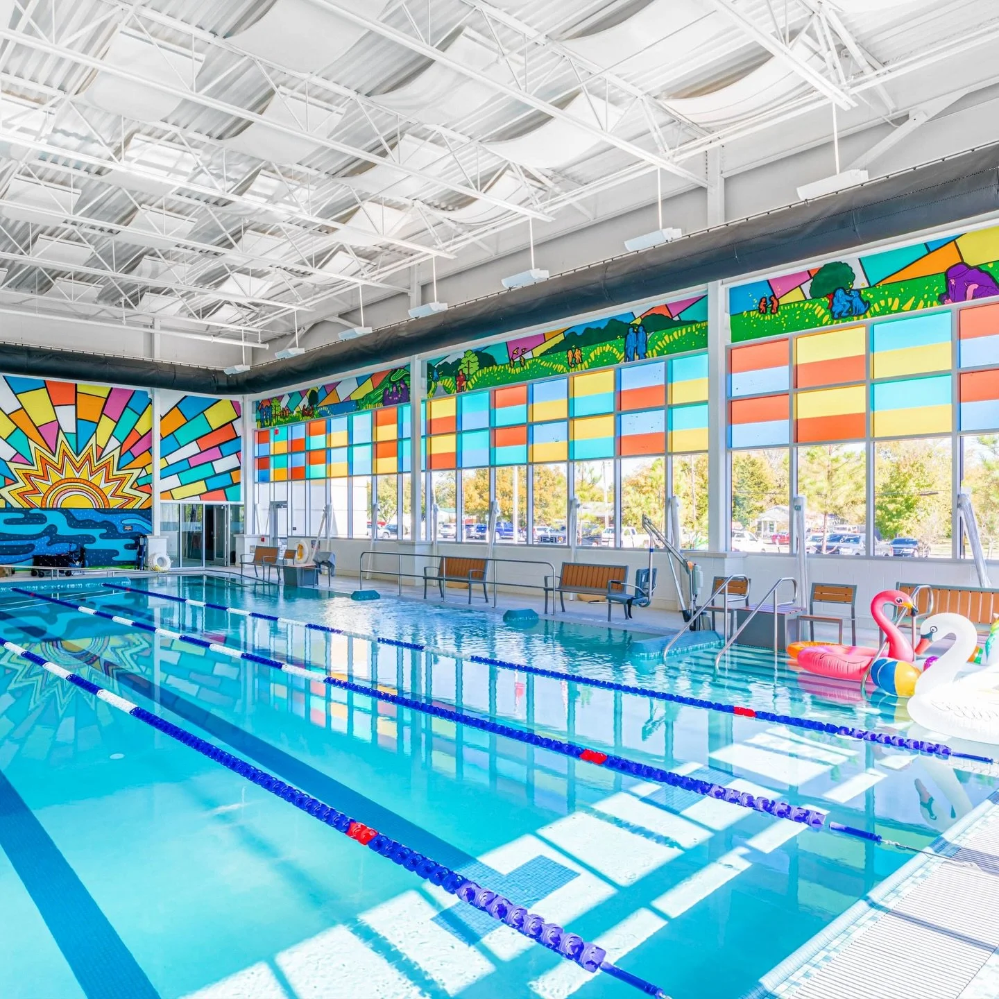 Summer always reminds me of this public art project. ☀️🏊🏾&zwj;♀️💧

In 2023, I had the opportunity to create a series of murals in the natatorium for the Adult Wellness &amp; Education Center in Norman.

While the space is reserved for the 55+ comm