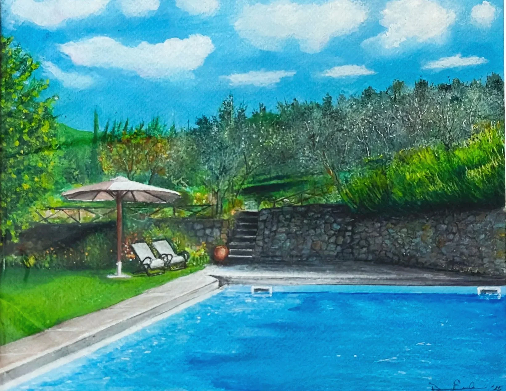 Poolside Memories - 8" x 10" - Watercolour/Gouache - SOLD