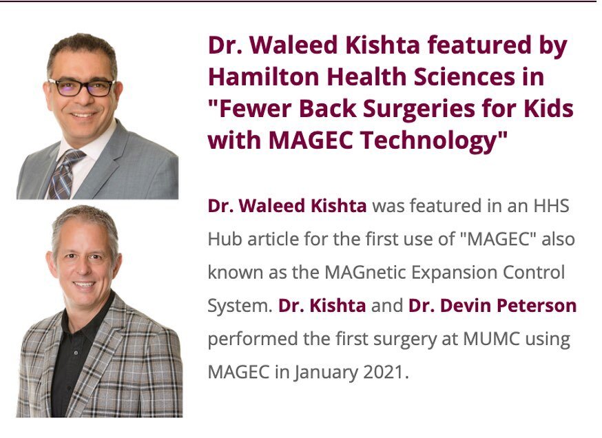 Dr. Waleed Kishta was featured in an HHS Hub article for the first use of &quot;MAGEC&quot; also known as the MAGnetic Expansion Control System. Dr. Kishta and Dr. Devin Peterson performed the first surgery at MUMC using MAGEC in January 2021.
The im