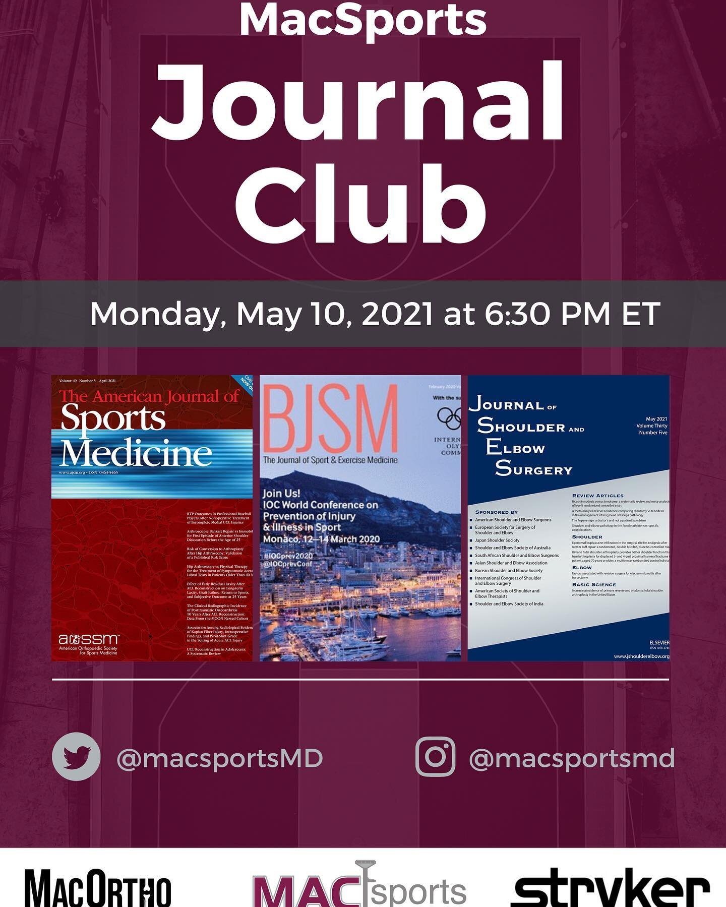 MacSports in conjunction with @macortho_  and Stryker are proud to host the our next journal club online on Monday, May 10 at 18:30.  Look forward to seeing you all there!  Registration link in bio.