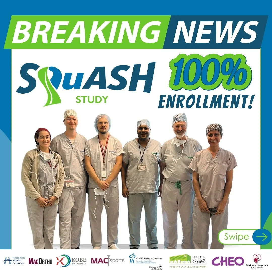 Congratulations to the Principal Investigator, Dr. Darren de SA, MacSports Research, and the entire global team on successfully completing enrollment of 100 patients for the SQuASH pilot trial! 

This study evaluates the effect of soft-tissue quadric