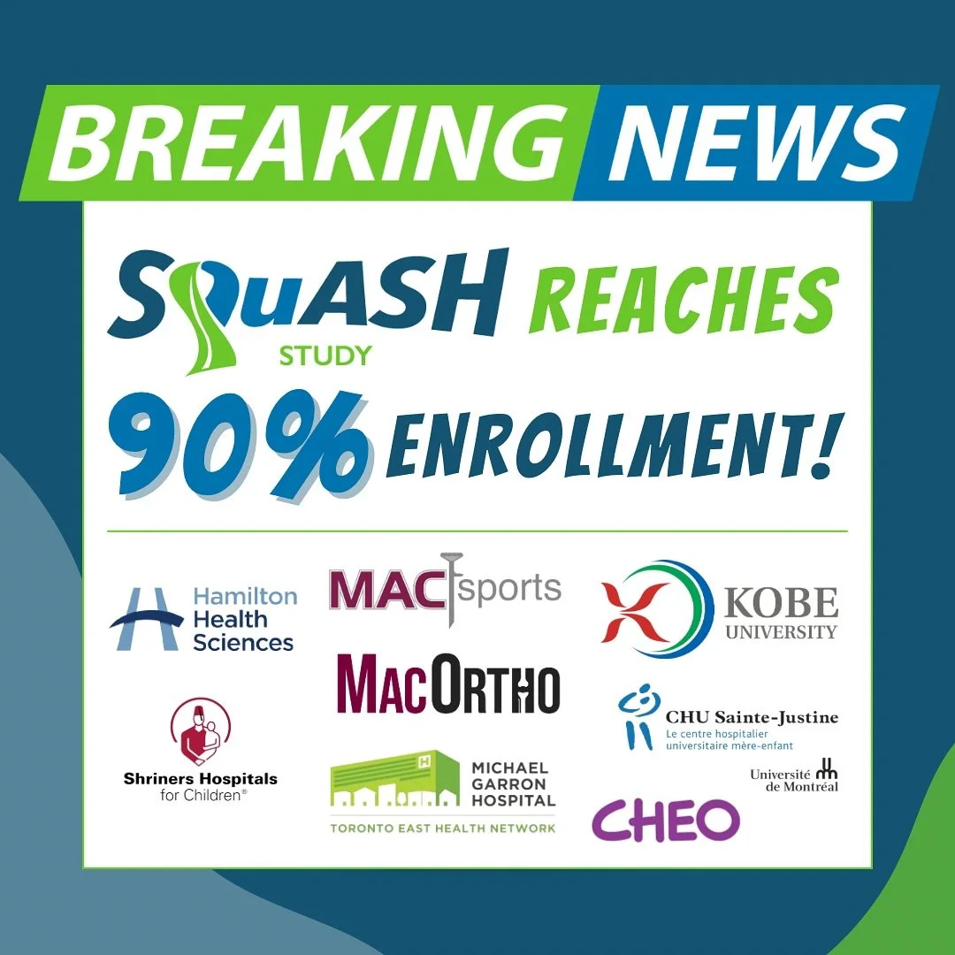 The SQuASH trial has reached 90% of its enrollment target!🔥

The SQuASH pilot is a multi-centre randomized controlled trial of 100 skeletally immature paediatric patients (ages 10-18 years, inclusive) undergoing primary ACL reconstruction to compare