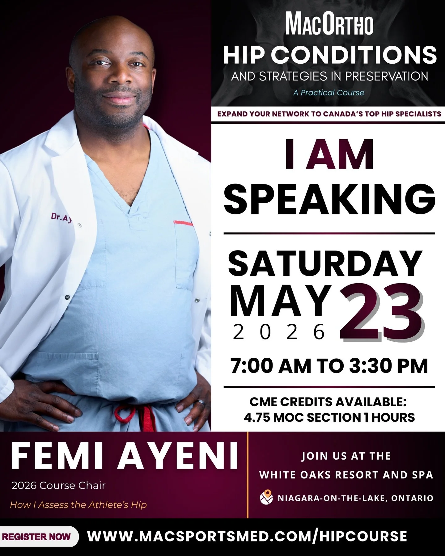 Meet the 2026 Hip Course Chair: Dr. Olufemi (Femi) Ayeni

A globally recognized leader in hip preservation and sports medicine, Dr. Ayeni is a Professor and the Academic Division Head of Orthopaedic Surgery at McMaster University and holds a Canada R