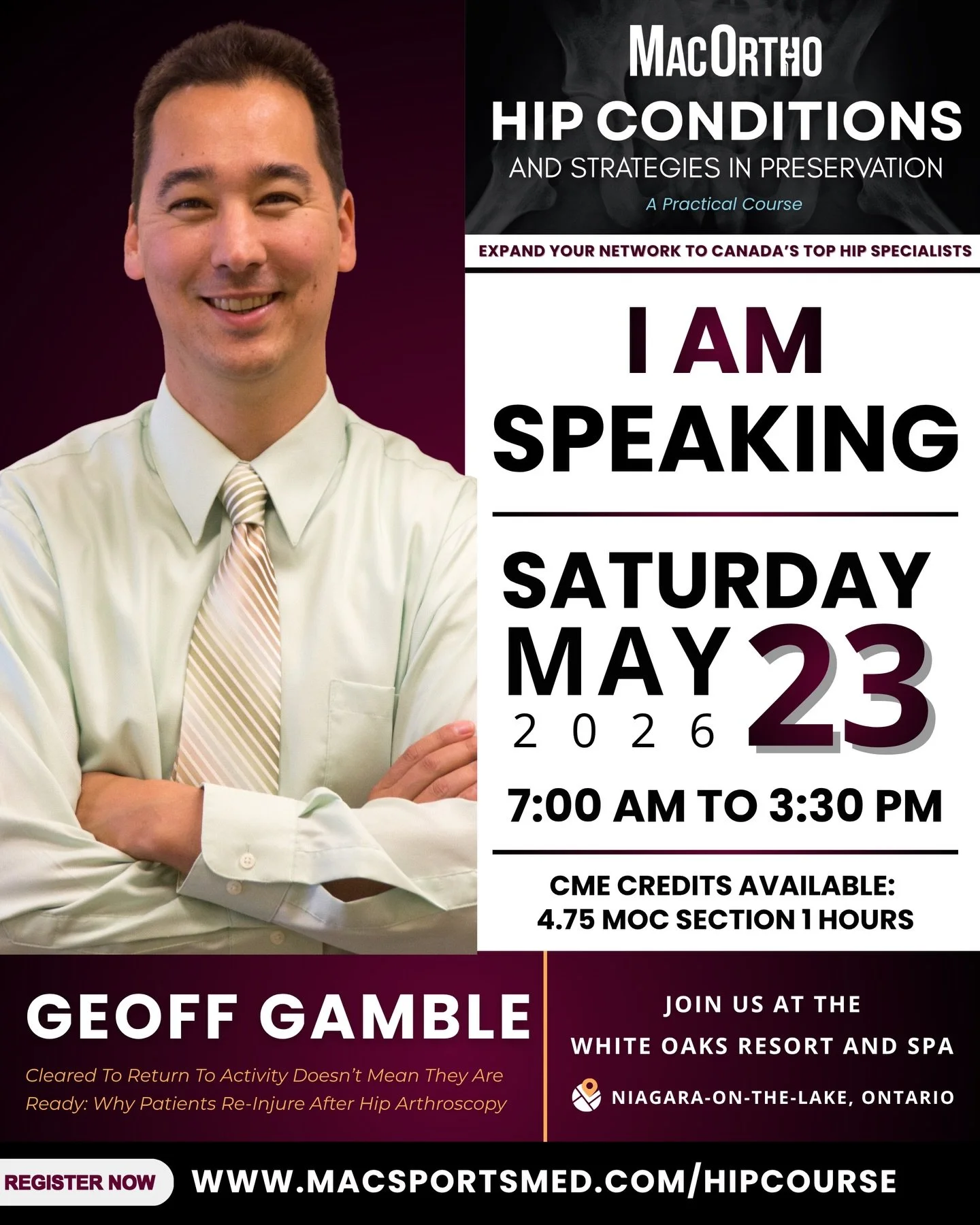 Meet the 2026 Hip Course Faculty: Dr. Geoff Gamble

Dr. Geoff Gamble is an experienced chiropractor with a focus on evidence-informed treatment for musculoskeletal and sports-related conditions. He earned his Doctor of Chiropractic degree from the Ca