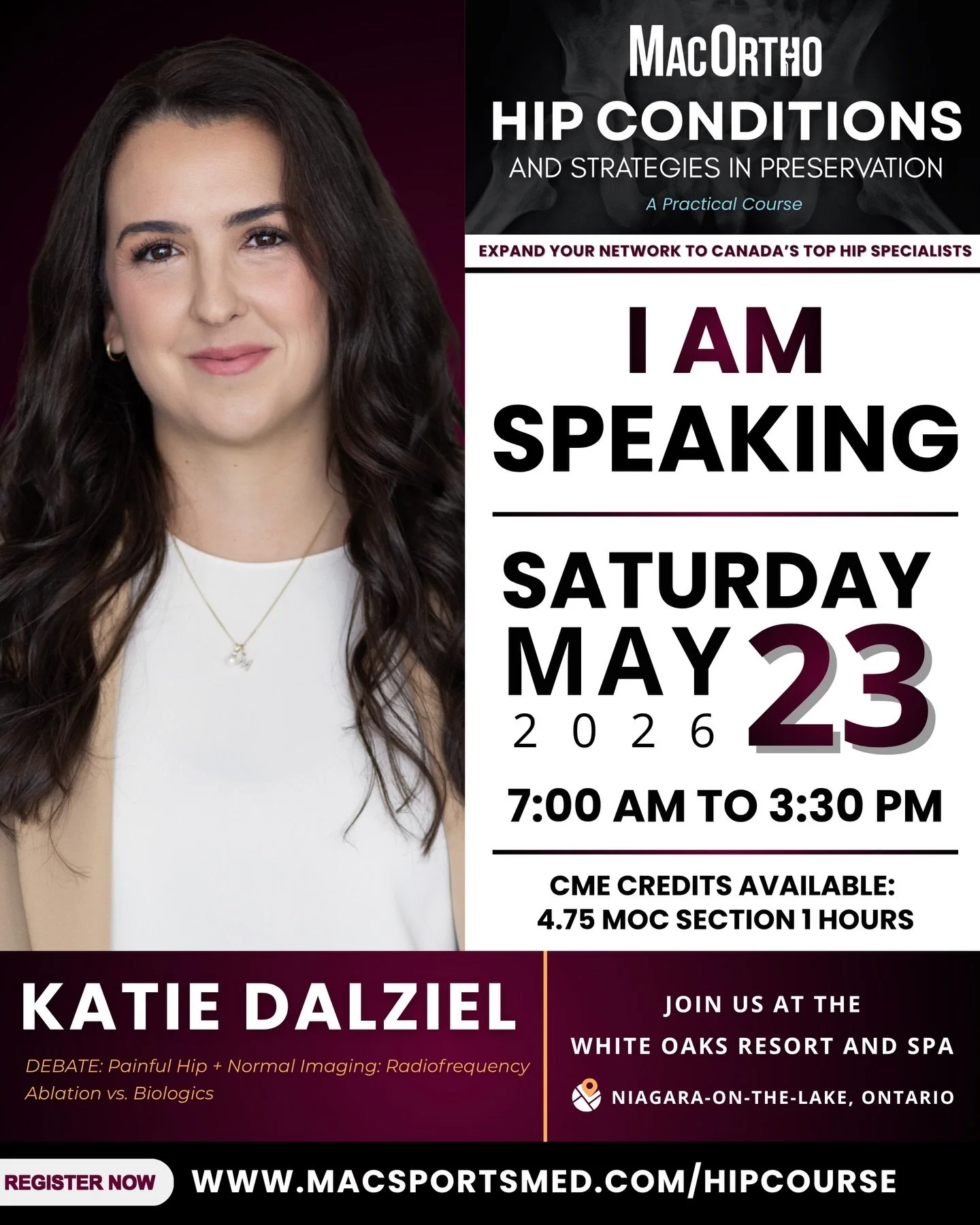 Meet 2026 Hip Course Faculty: Dr. Katie Dalziel

Dr. Katie Dalziel is a primary care Sport and Exercise Medicine physician originally from Stoney Creek, now practicing in both in Hamilton and Niagara. Her practice includes diagnosis and management of