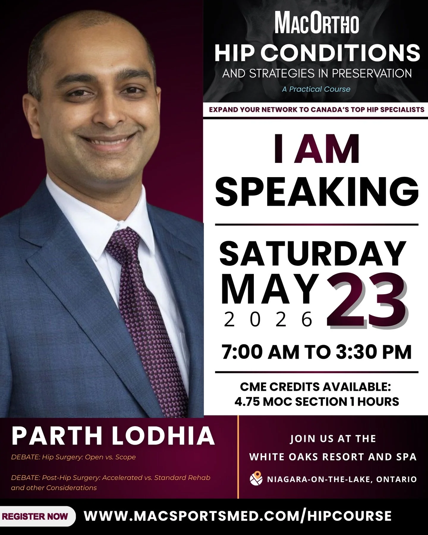 Meet 2026 Hip Course Faculty: Dr. Parth Lodhia

Dr. Lodhia is an Orthopaedic Surgeon with a special interest in joint preservation surgery of the hip and knee. He graduated from medical school at the University of British Columbia (UBC) in 2007, and 