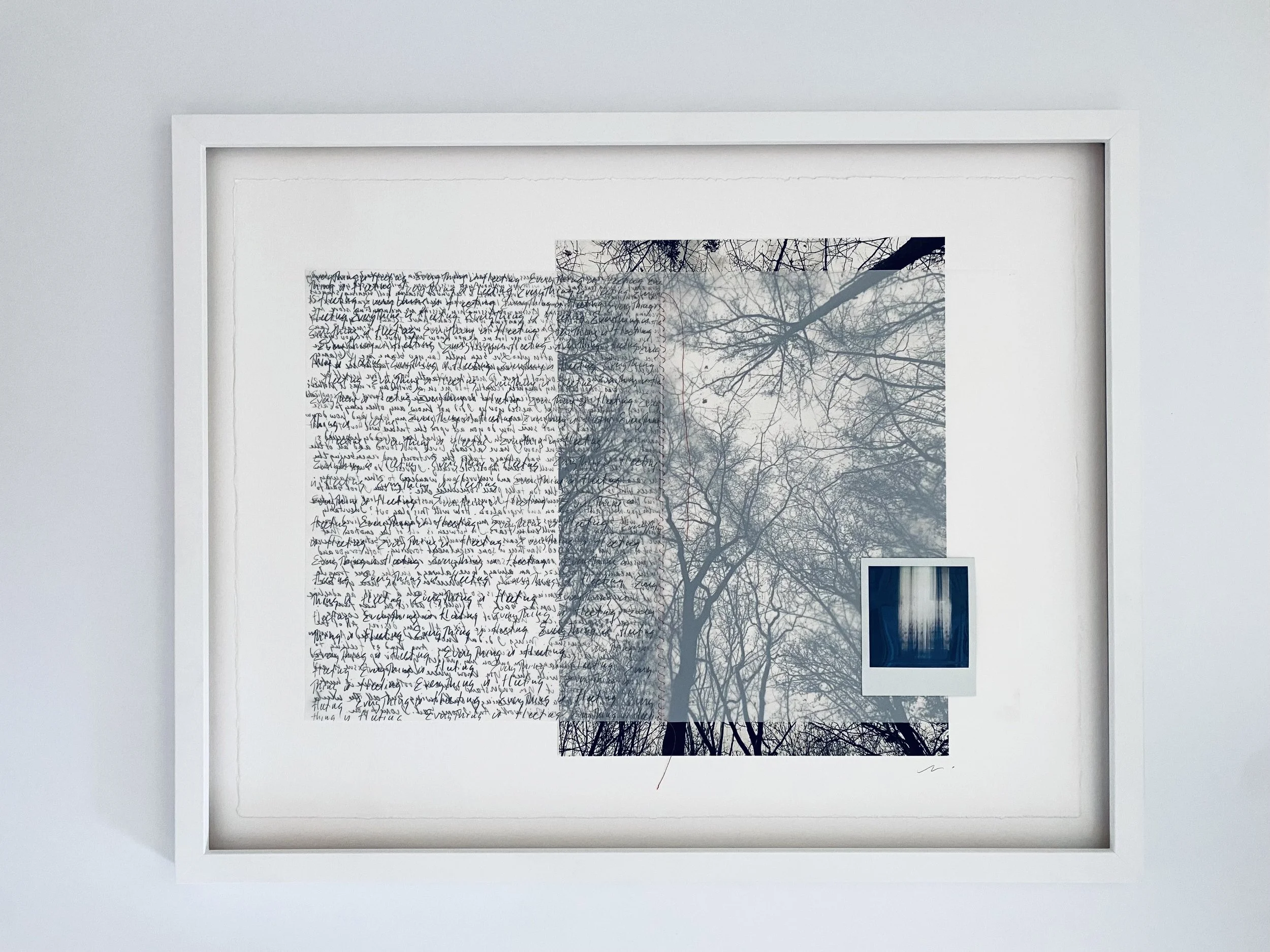 Fleeting, 23” x 29” (framed size), archival giclee, pencil, Polaroid, thread, vellum on BFK Rives, 2025
